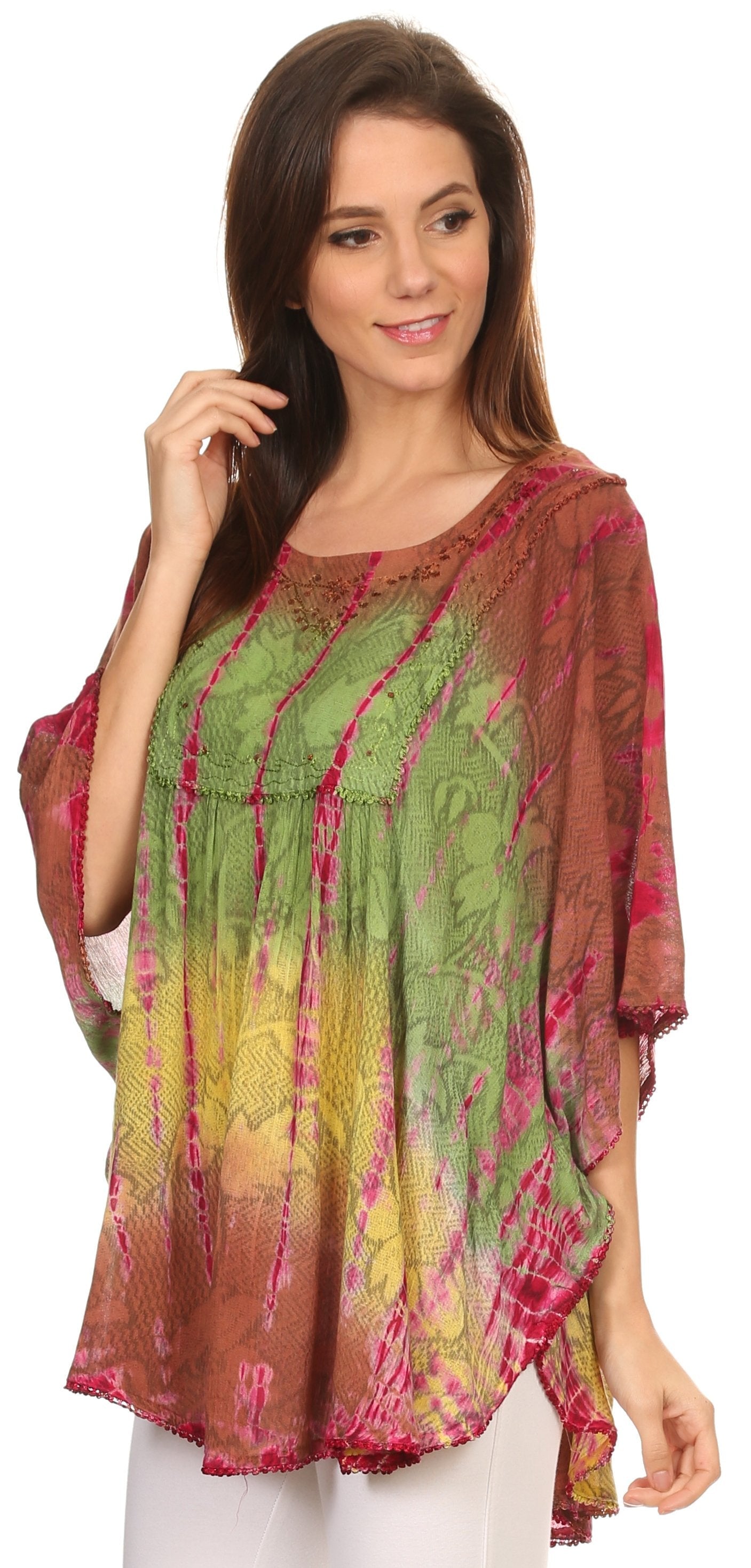 Woman wearing a colorful, patterned top with a gradient effect.