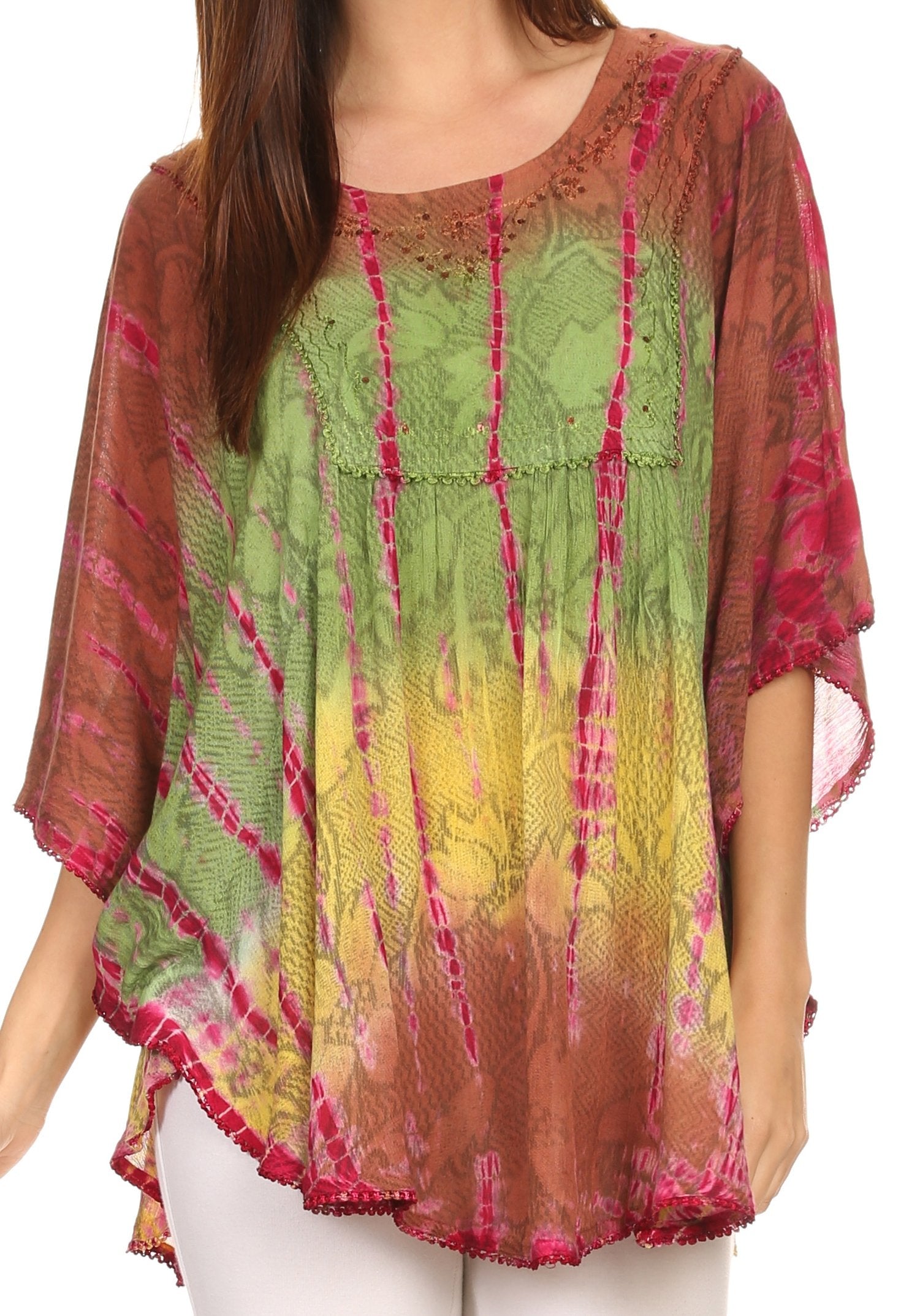 Colorful tie-dye top worn by a person on a white background