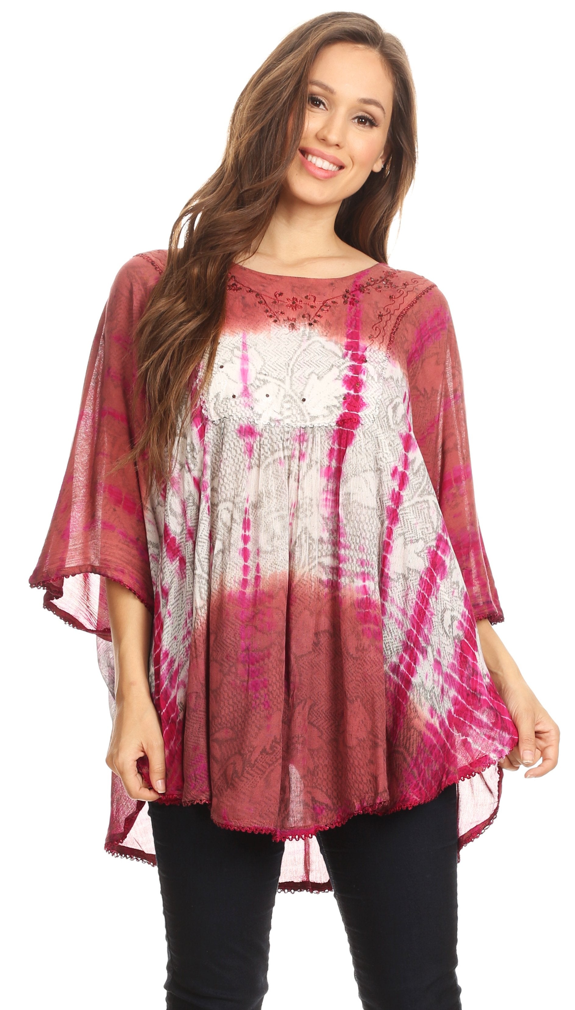 Woman wearing a pink and white tie-dye top on a white background