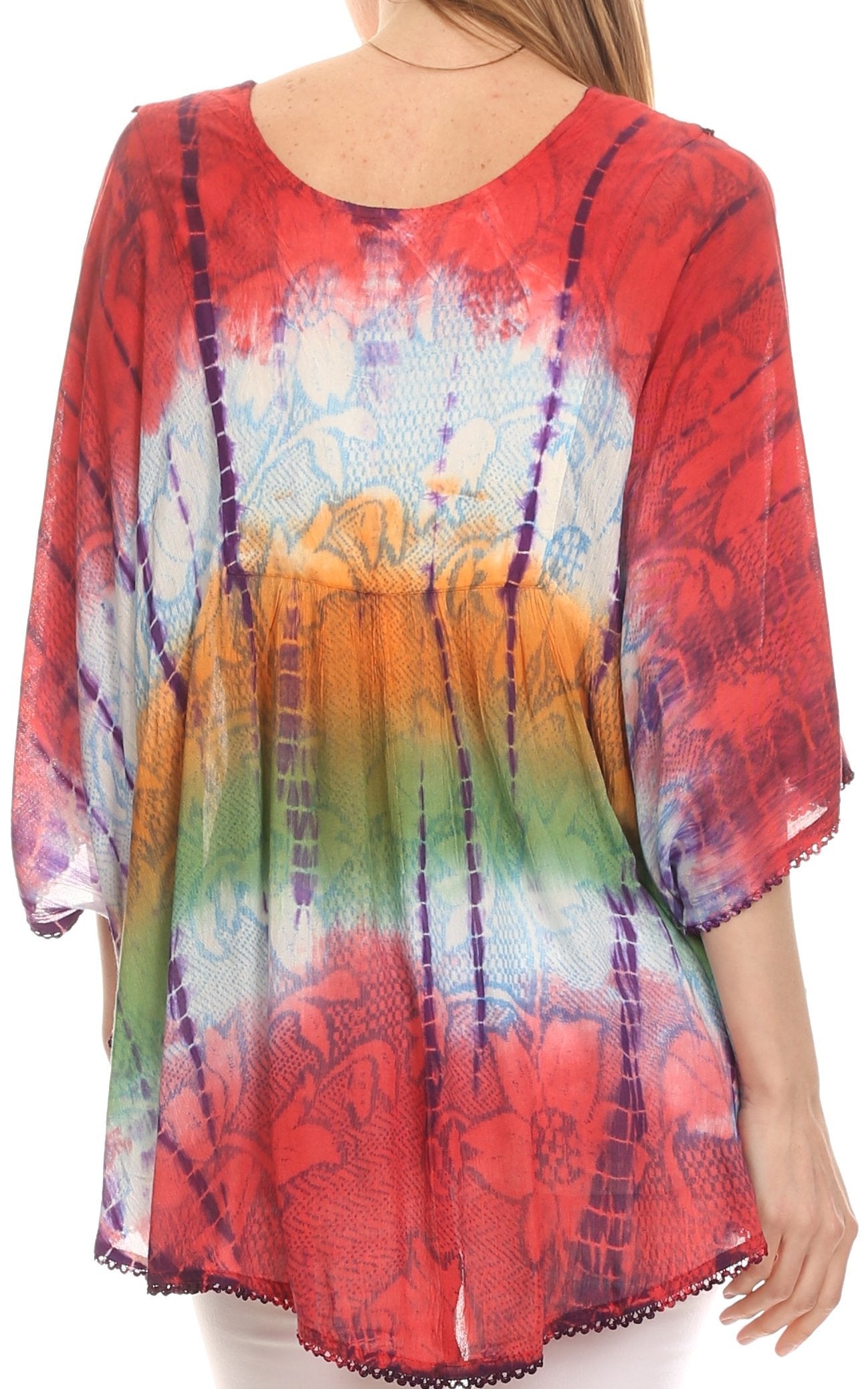 Colorful tie-dye shirt worn by a person on a white background