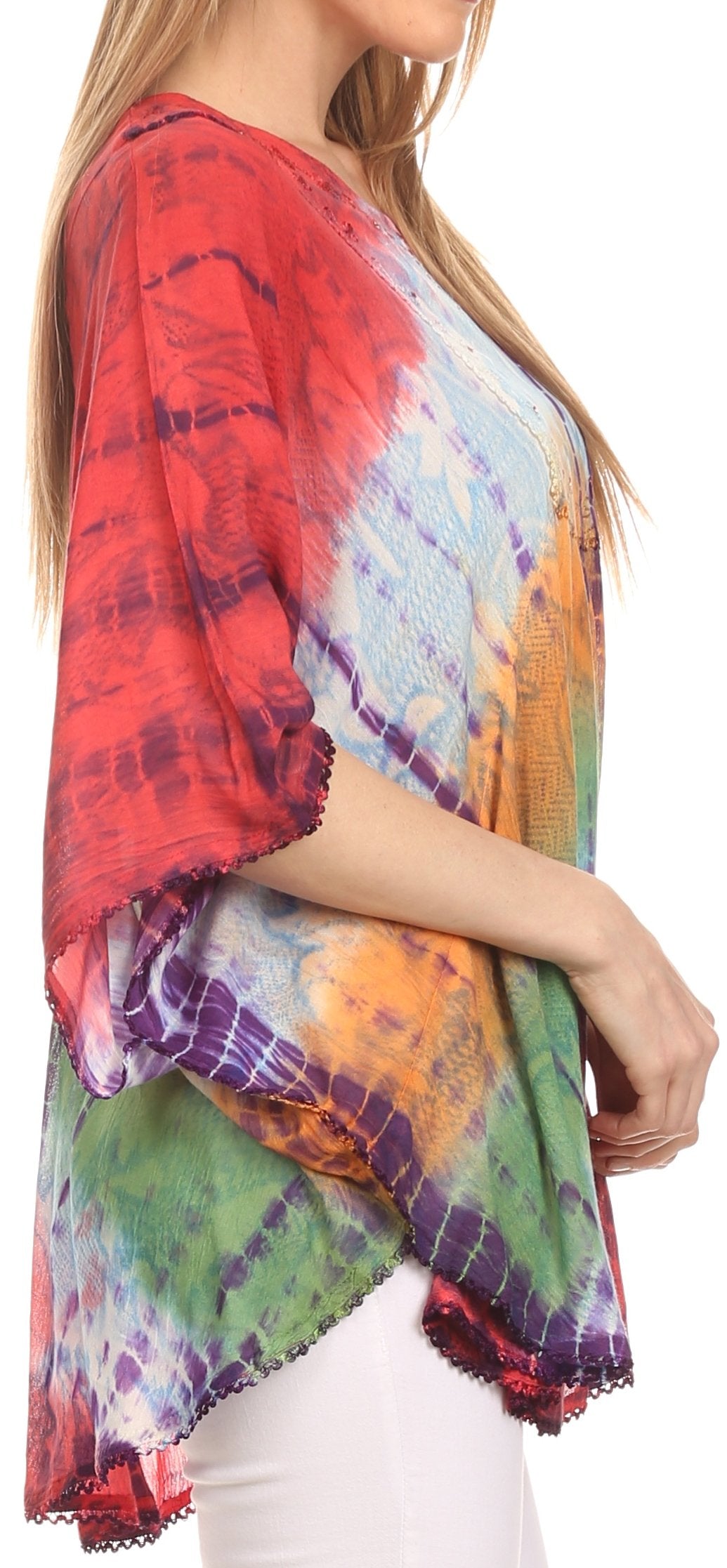 Multicolored tie-dye kimono-style top worn by a person.