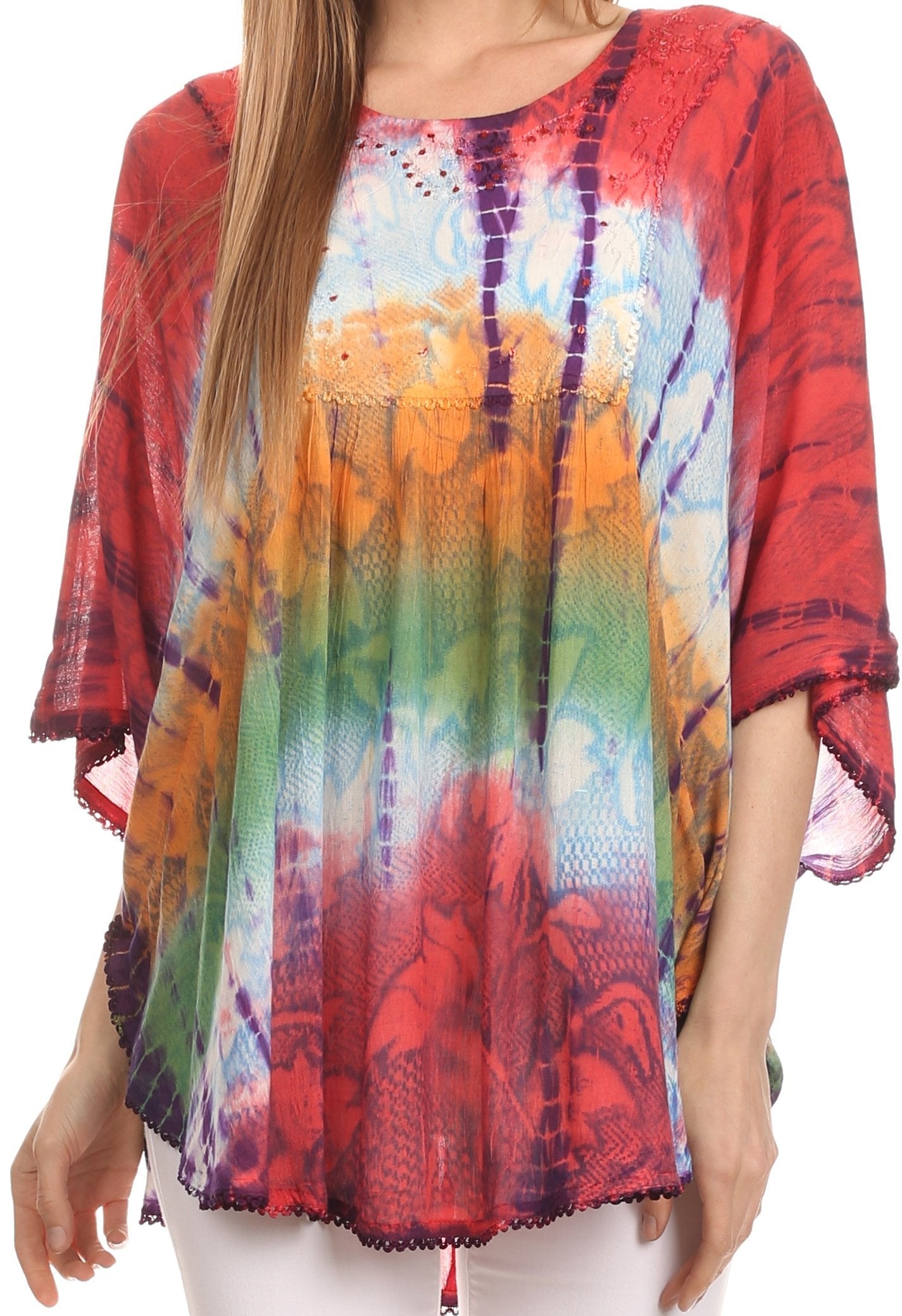 Colorful tie-dye shirt with a red border worn by a person on a white background