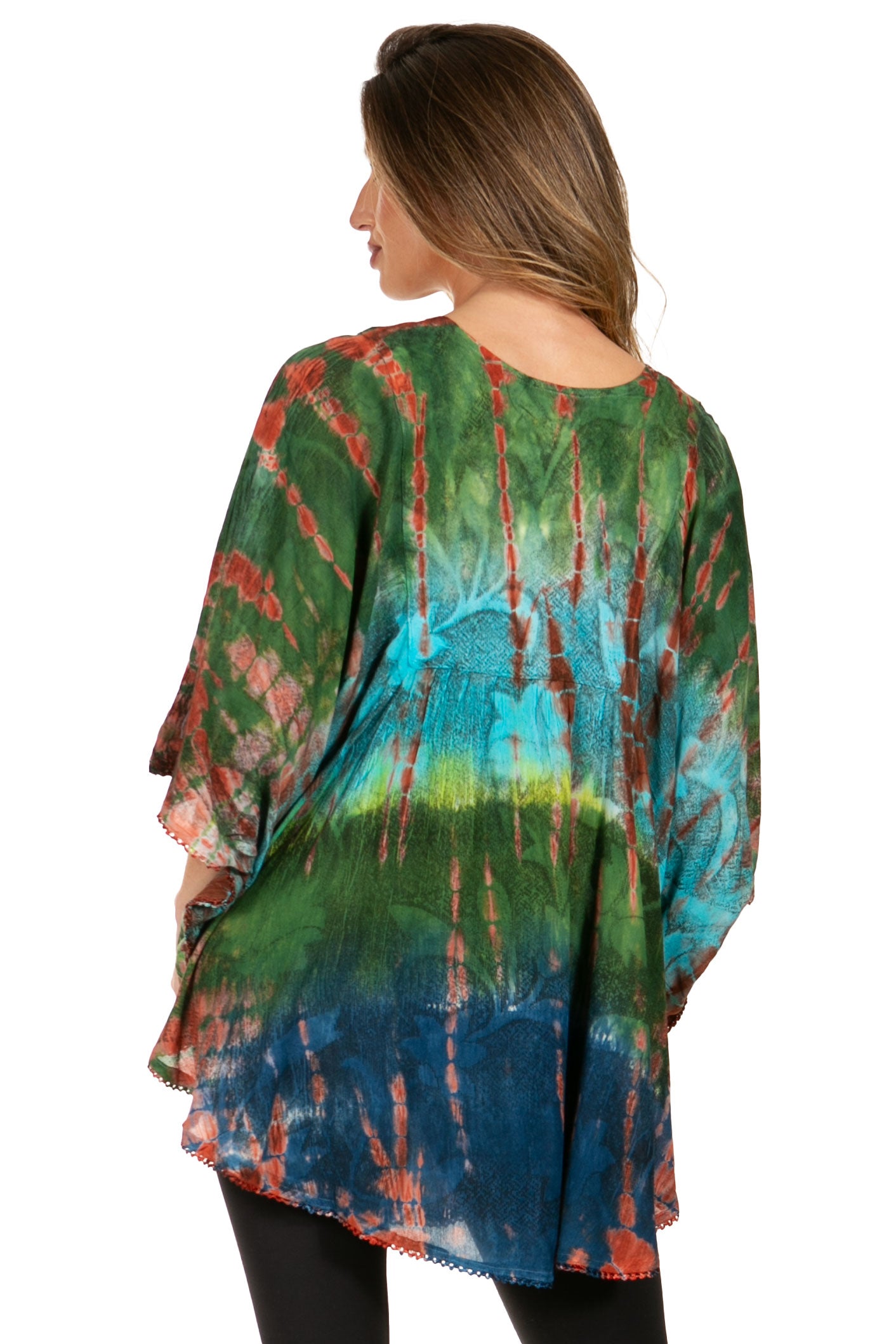 Multicolored tie-dye shirt worn by a person on a white background