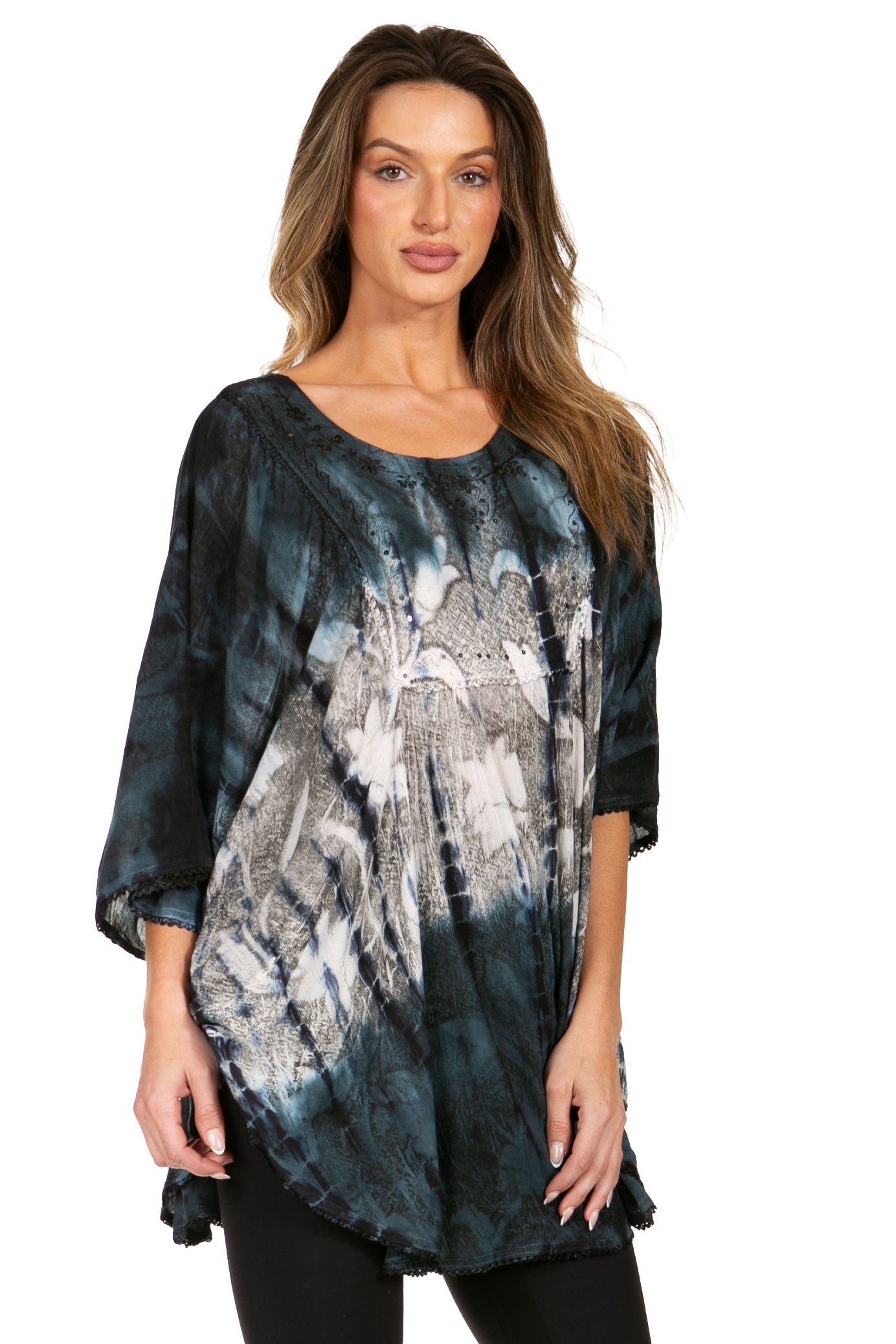 Woman wearing a black and gray tie-dye shirt on a white background
