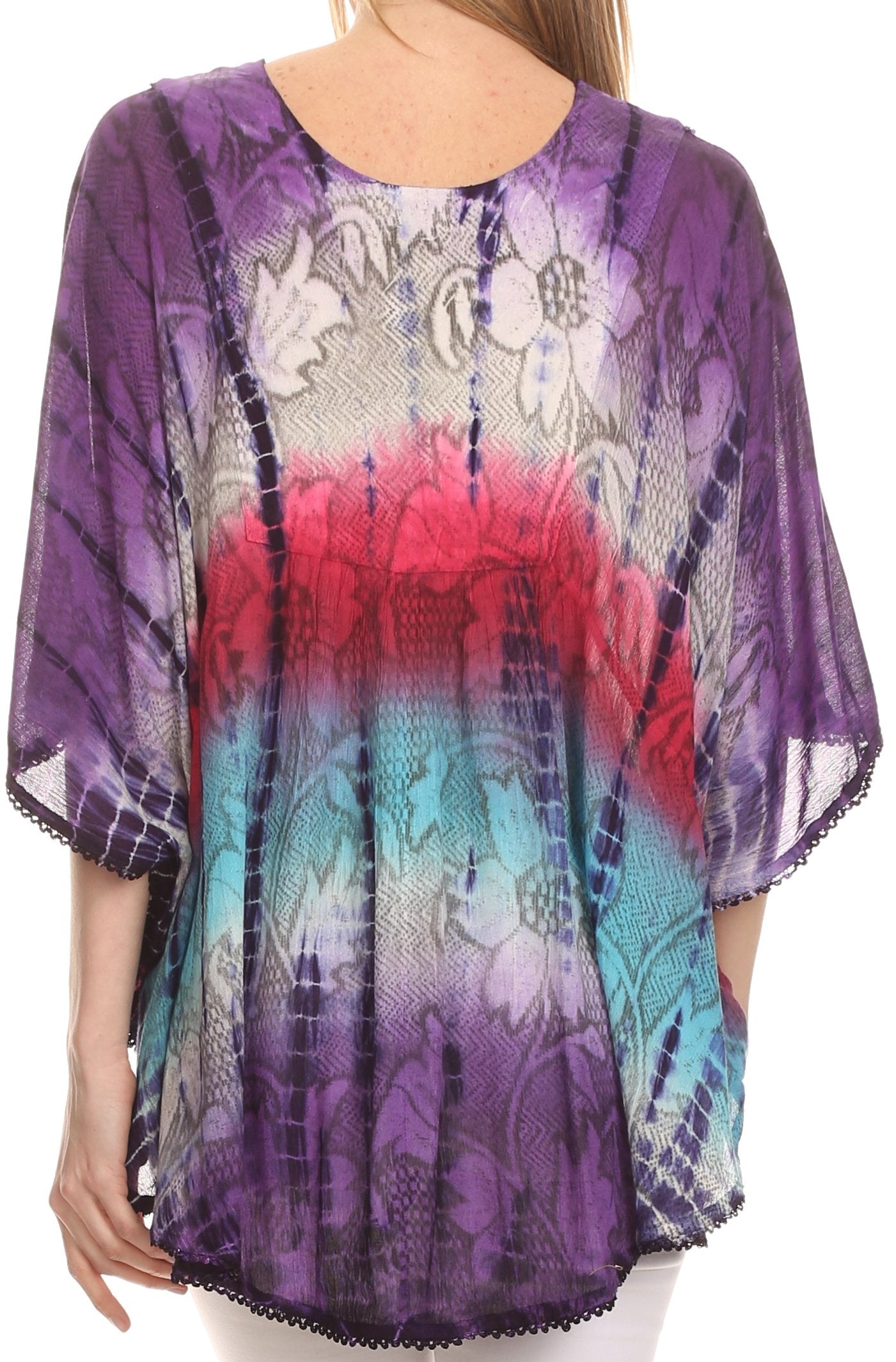 Multicolored tie-dye shirt with floral patterns on a white background