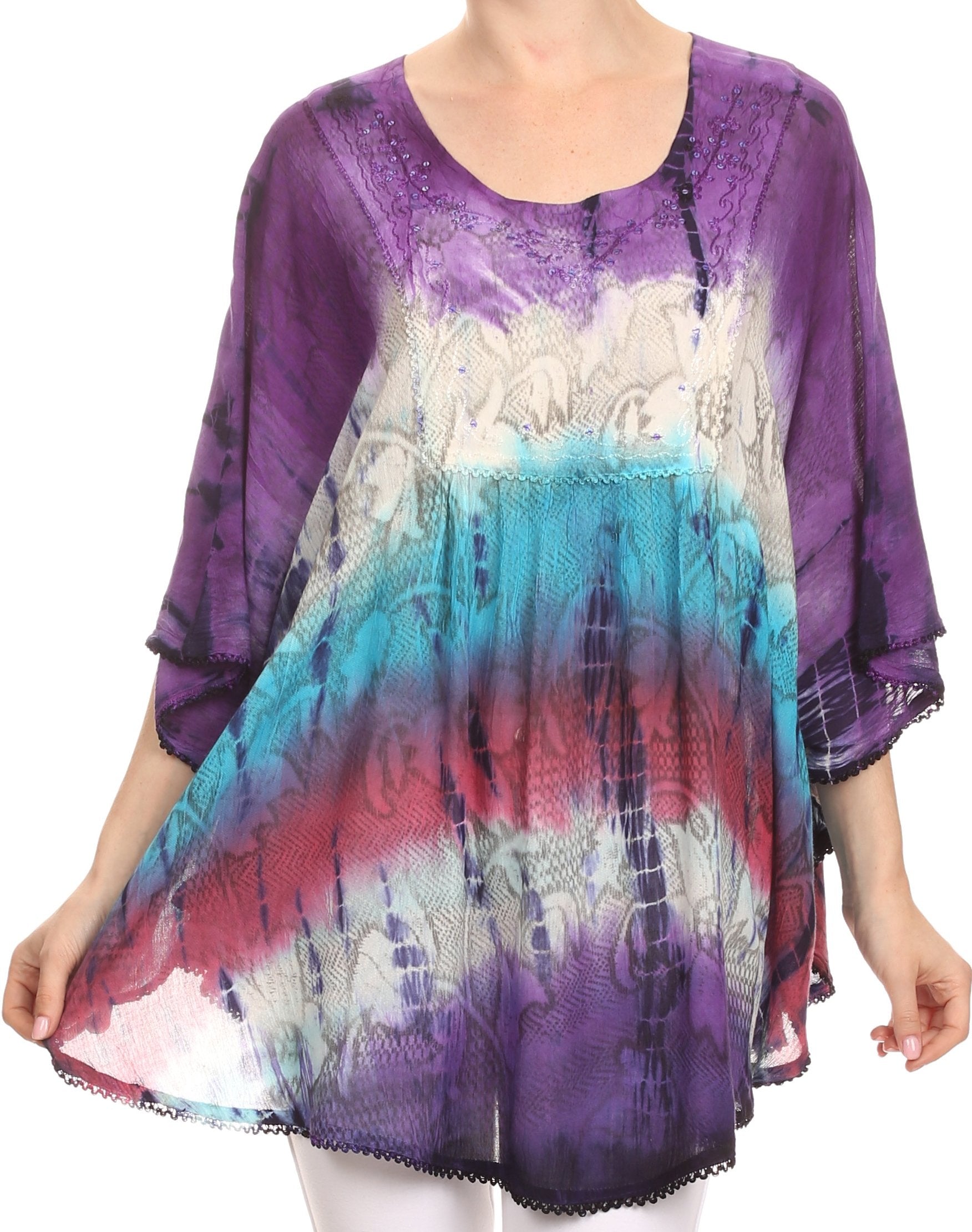 Multicolored tie-dye shirt worn by a person on a white background