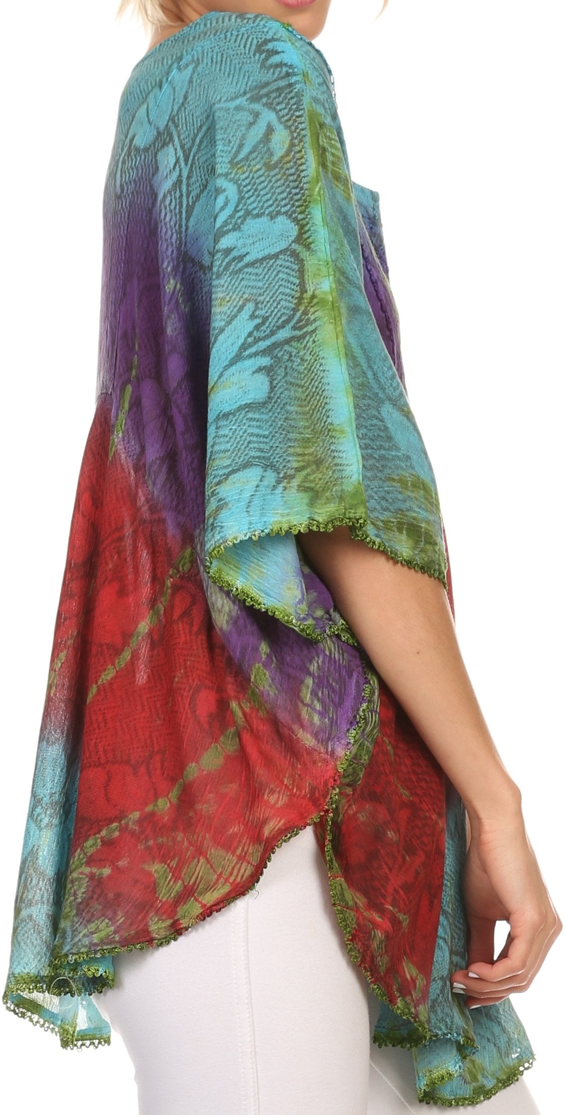 Colorful scarf with a gradient pattern draped over a person on a white background