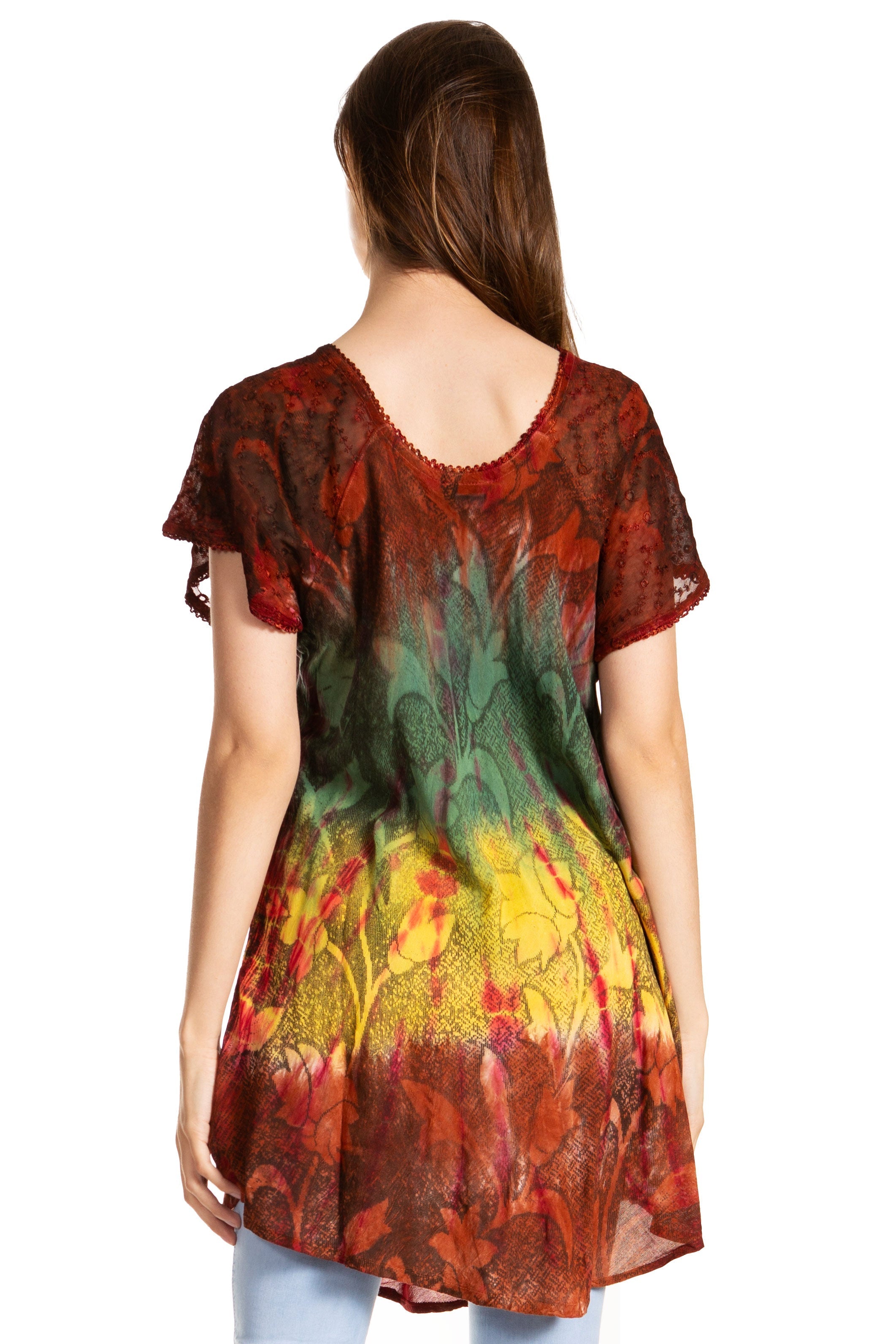 Woman wearing a colorful tie-dye shirt on a white background