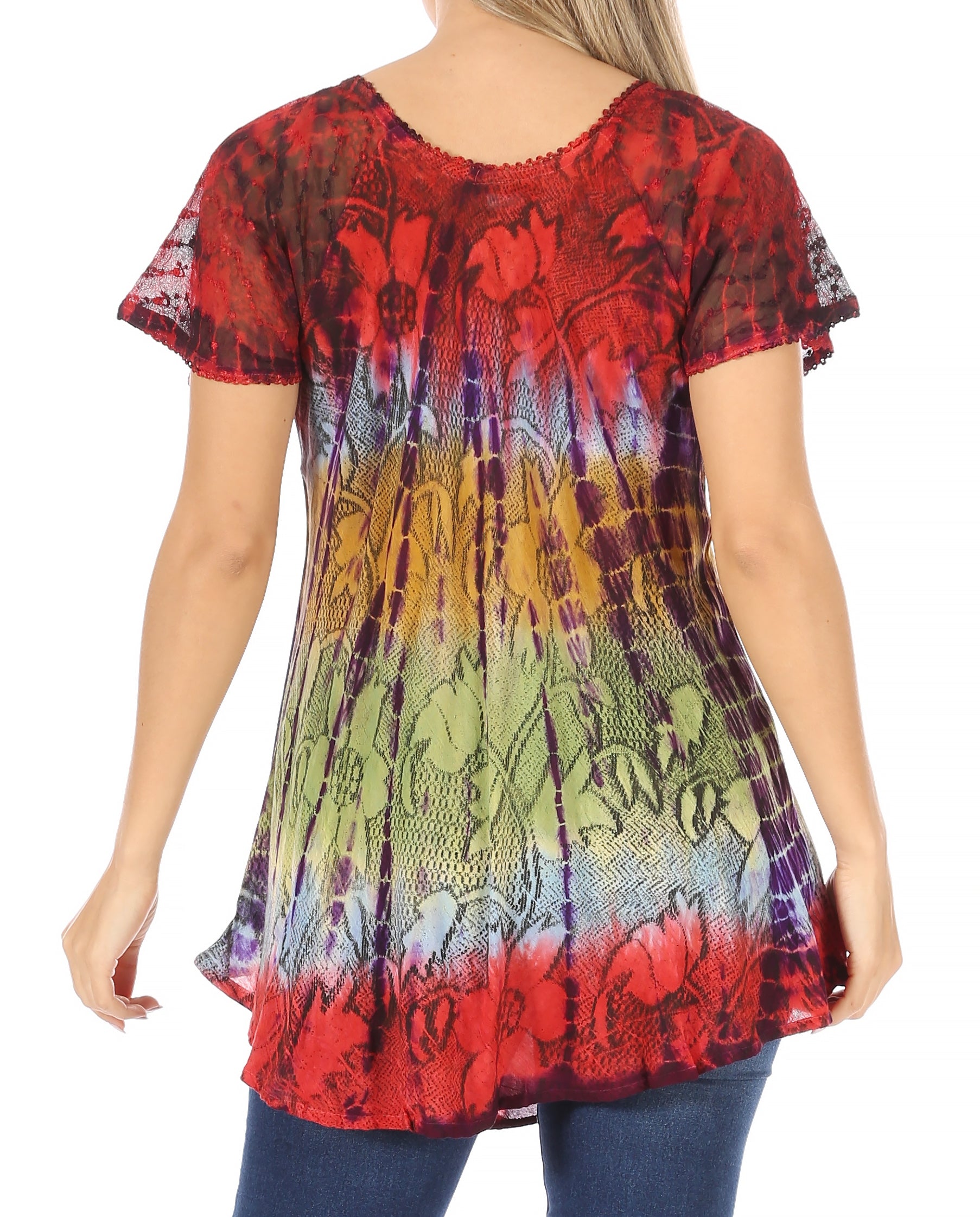 Colorful tie-dye t-shirt worn by a person on a white background