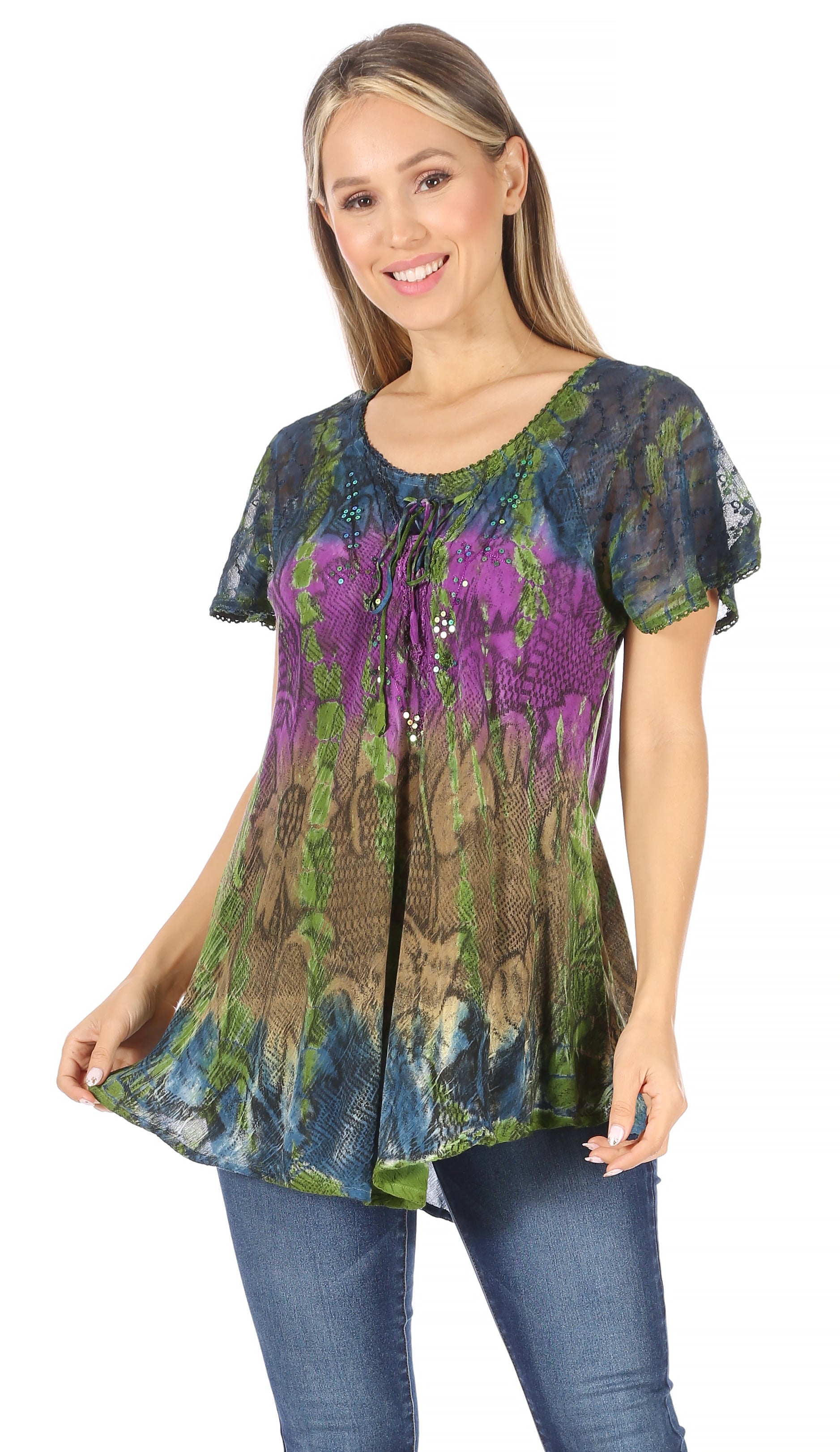 Woman wearing a colorful patterned top with short sleeves on a white background