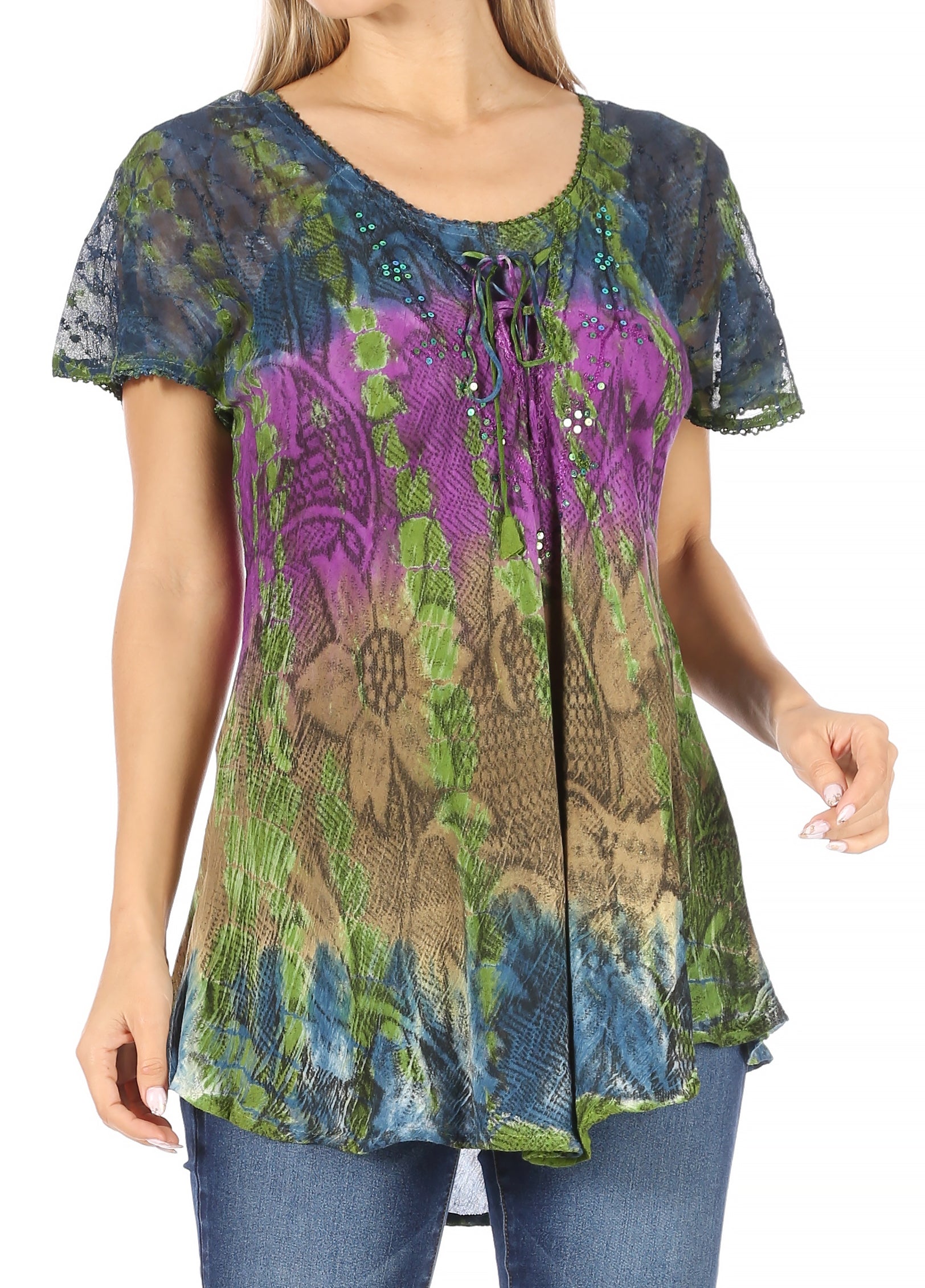 Woman wearing a colorful patterned top with short sleeves on a white background