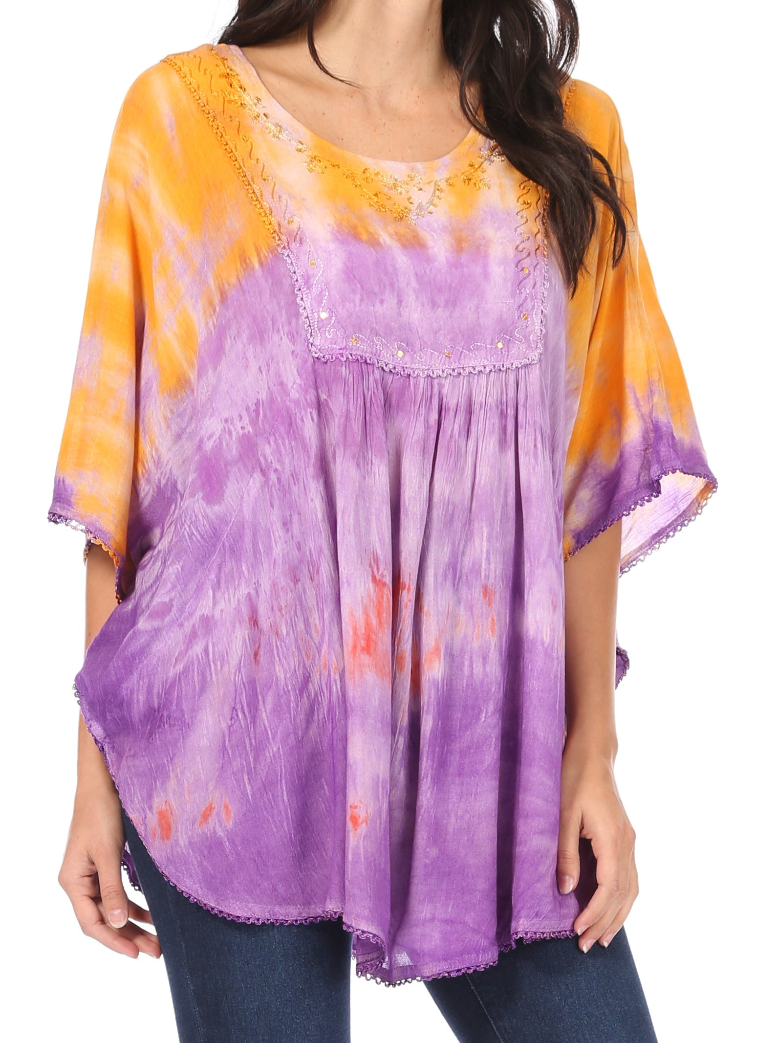Purple and orange tie-dye top worn by a person on a white background
