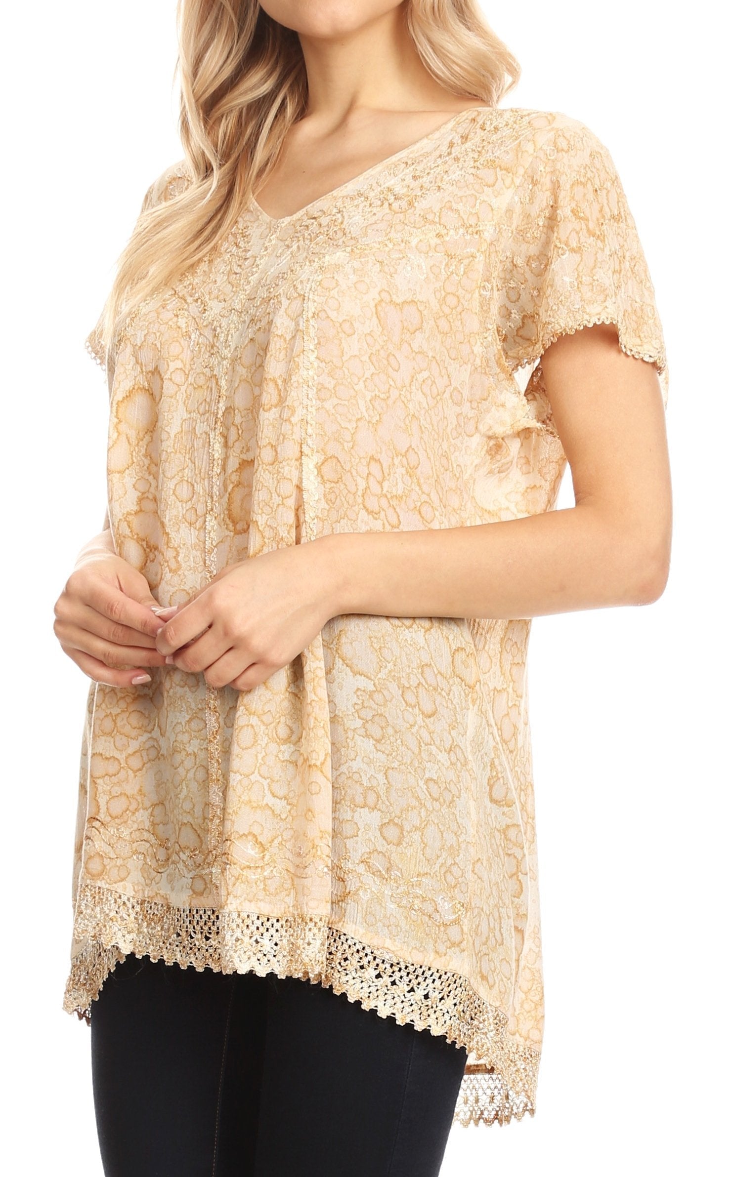 Beige lace top worn by a model on a white background