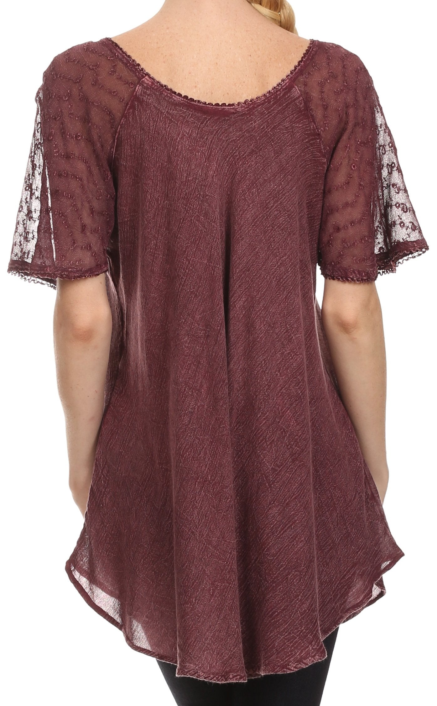 Mauve lace top with sheer sleeves on a white background