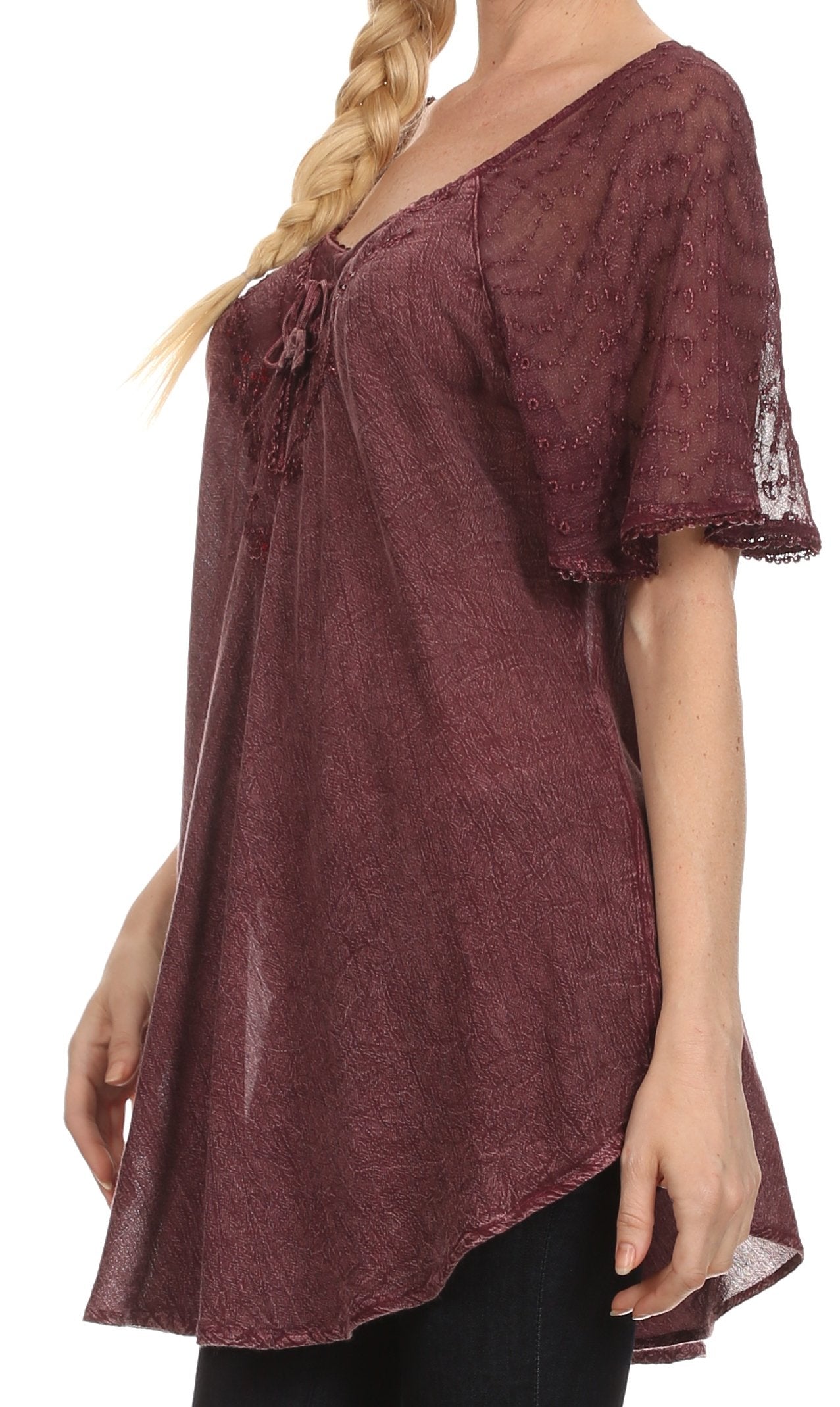 Maroon lace top worn by a model on a white background