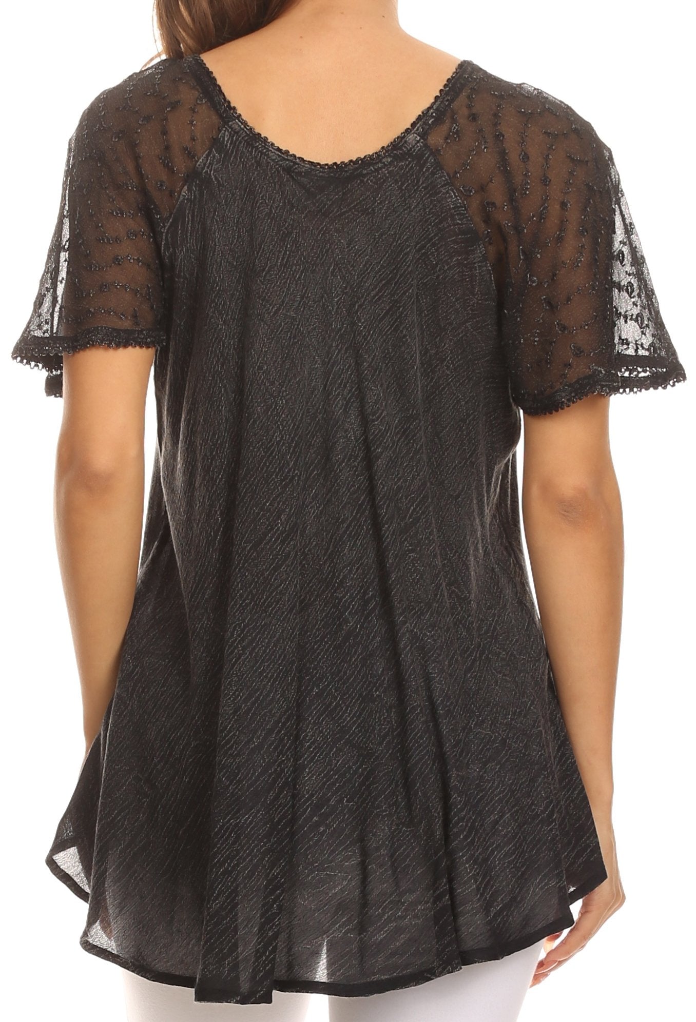 Black sheer blouse with lace sleeves on a white background