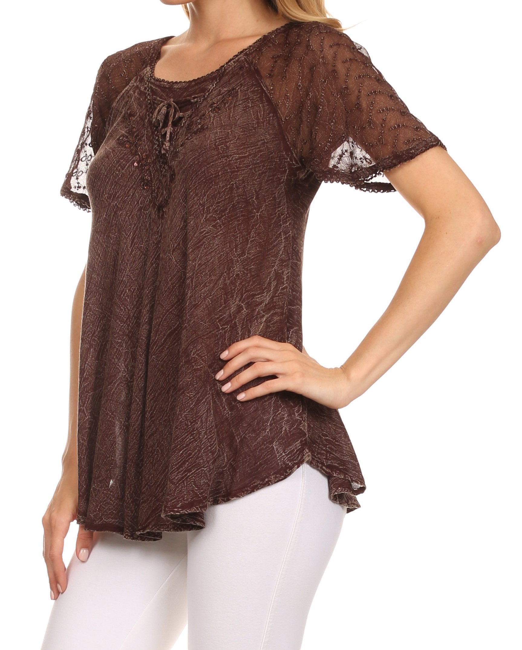 Brown lace top worn by a model on a white background