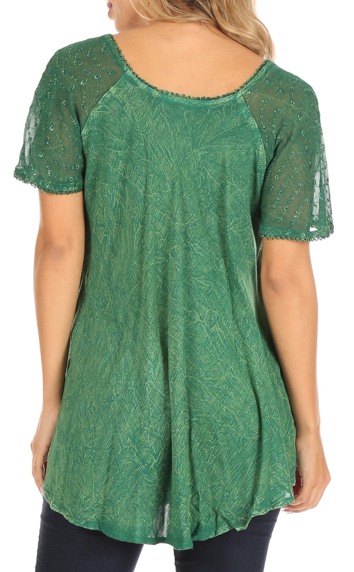 Green lace top worn by a person on a white background