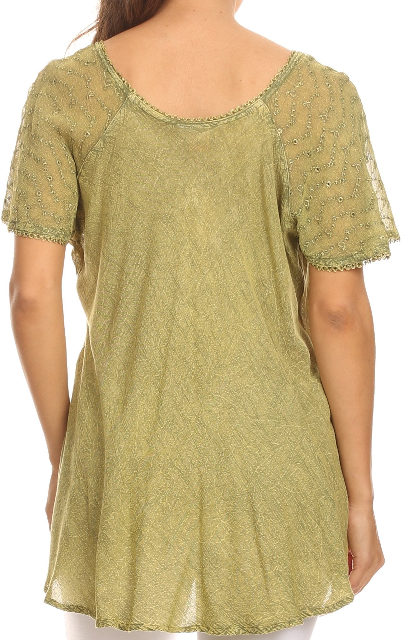 Green lace top worn by a person on a white background