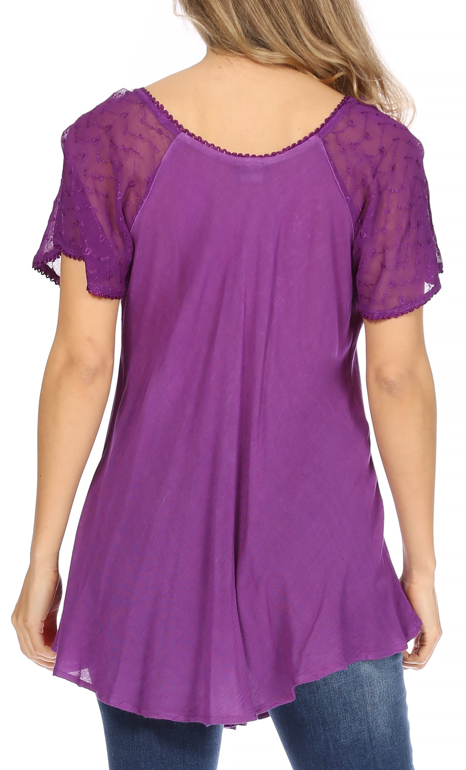 Purple lace-trimmed top worn by a person on a white background