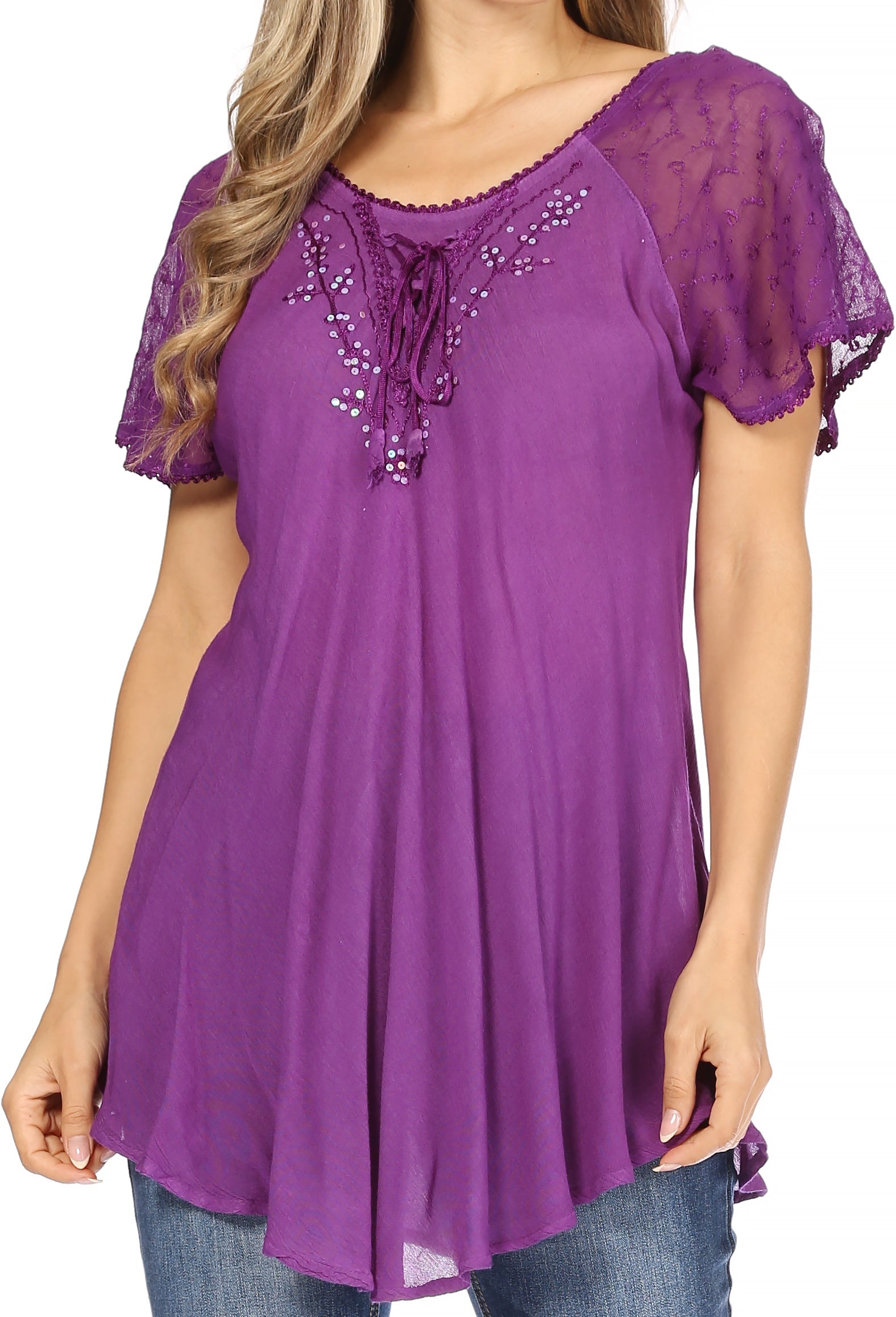 Purple lace-trimmed top worn by a model on a white background