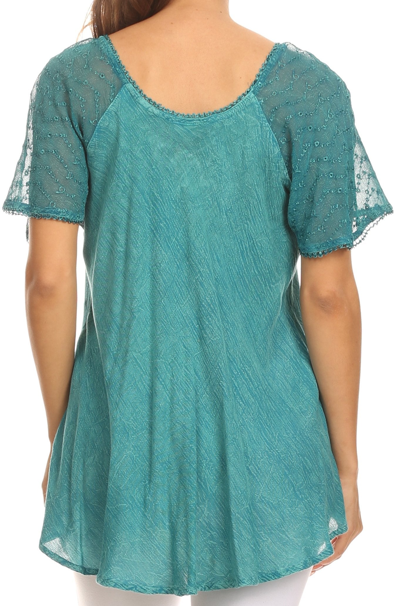 Teal lace top worn by a person on a white background