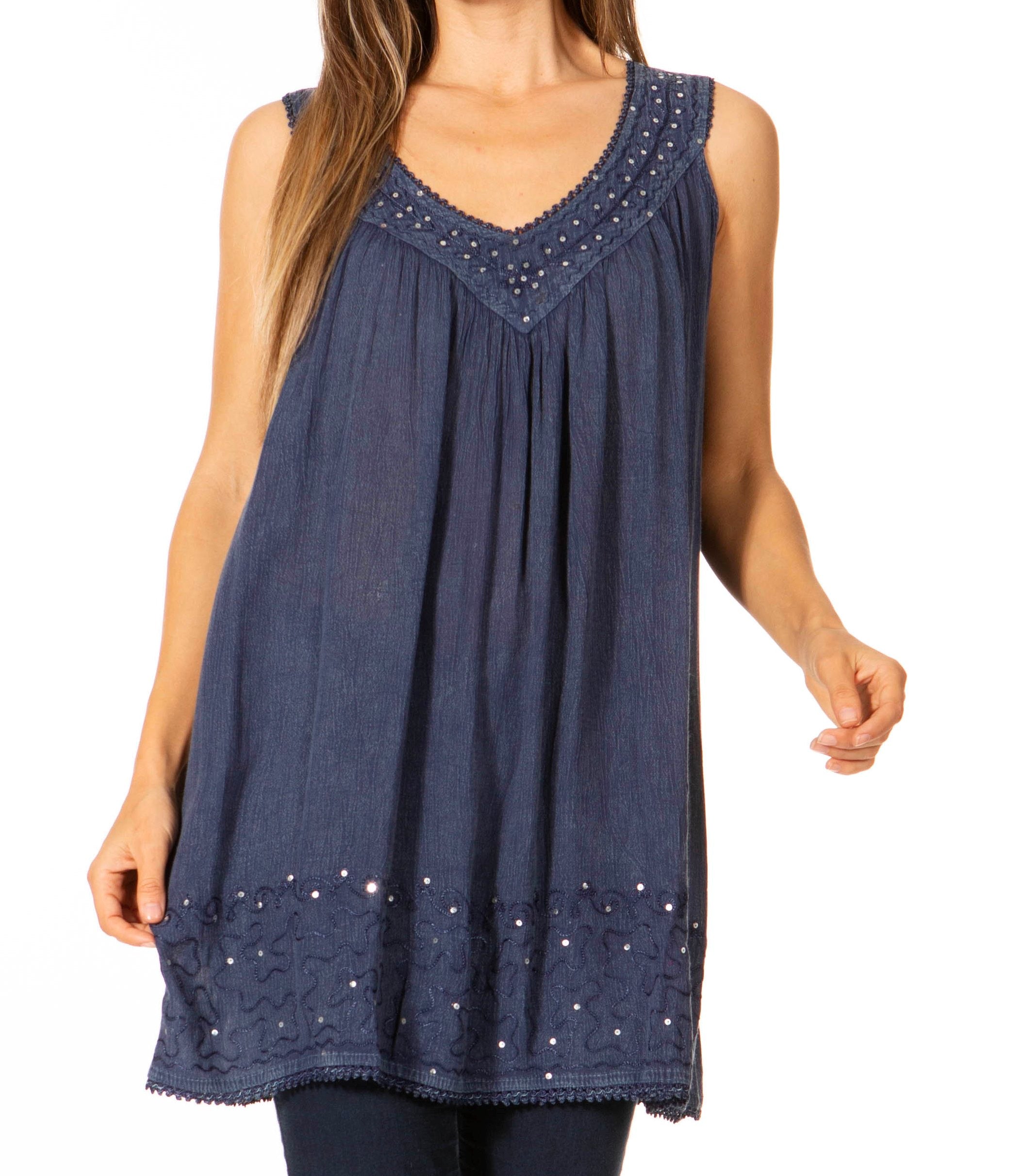 Navy blue sleeveless top with embellishments on a white background
