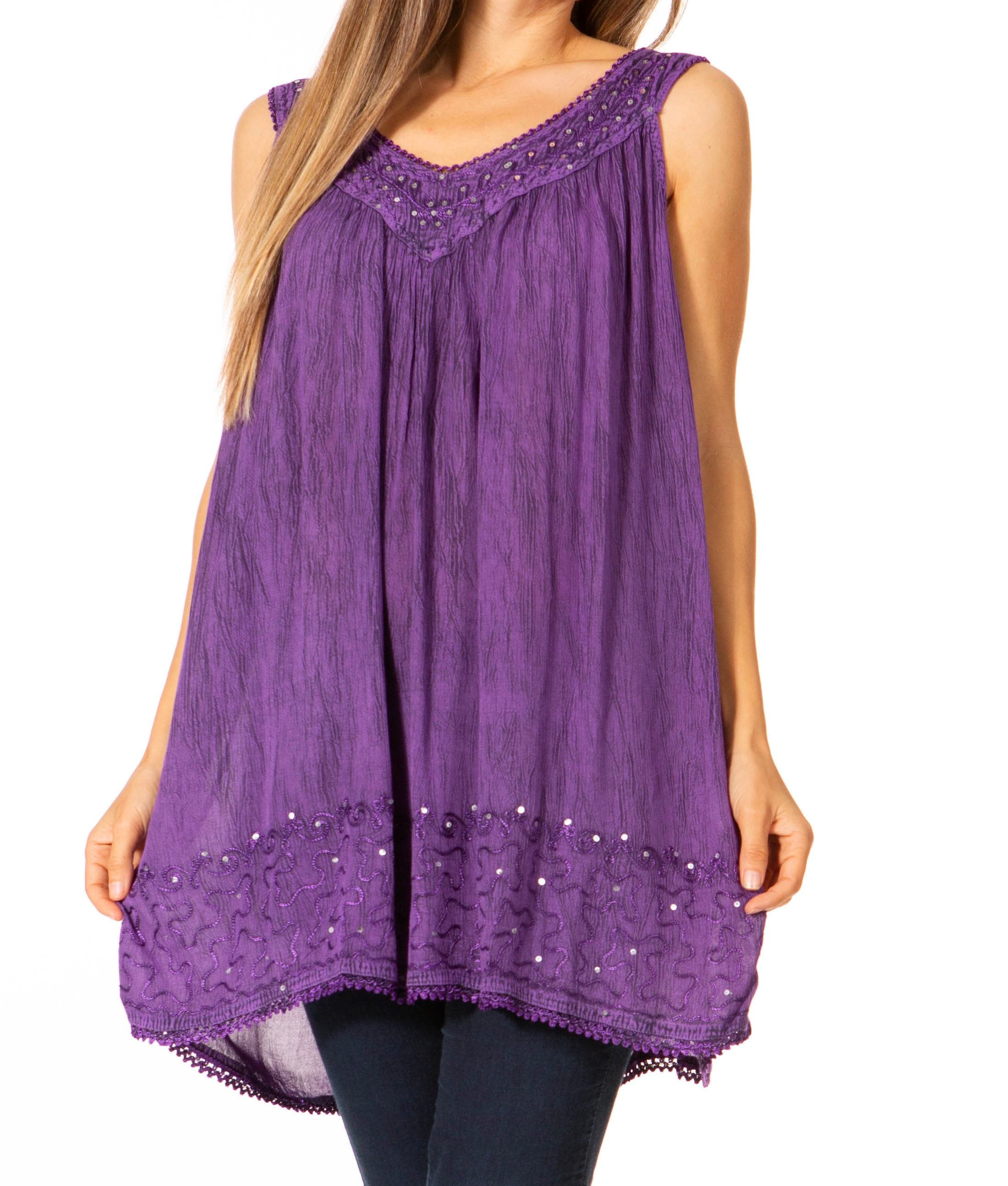 Purple sleeveless top with lace details on a white background