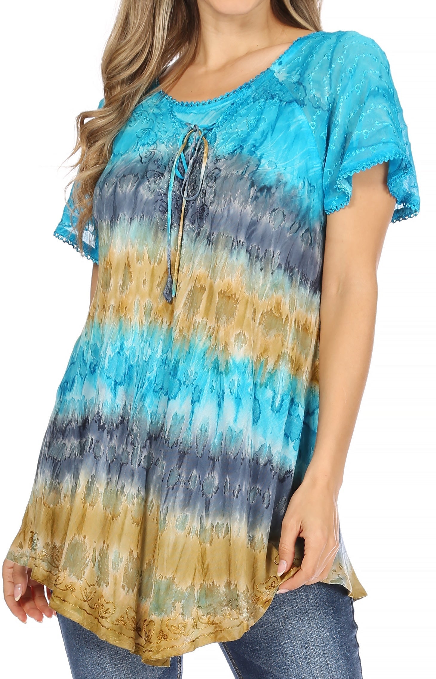 Woman wearing a tie-dye shirt with blue, yellow, and gray gradient on a white background