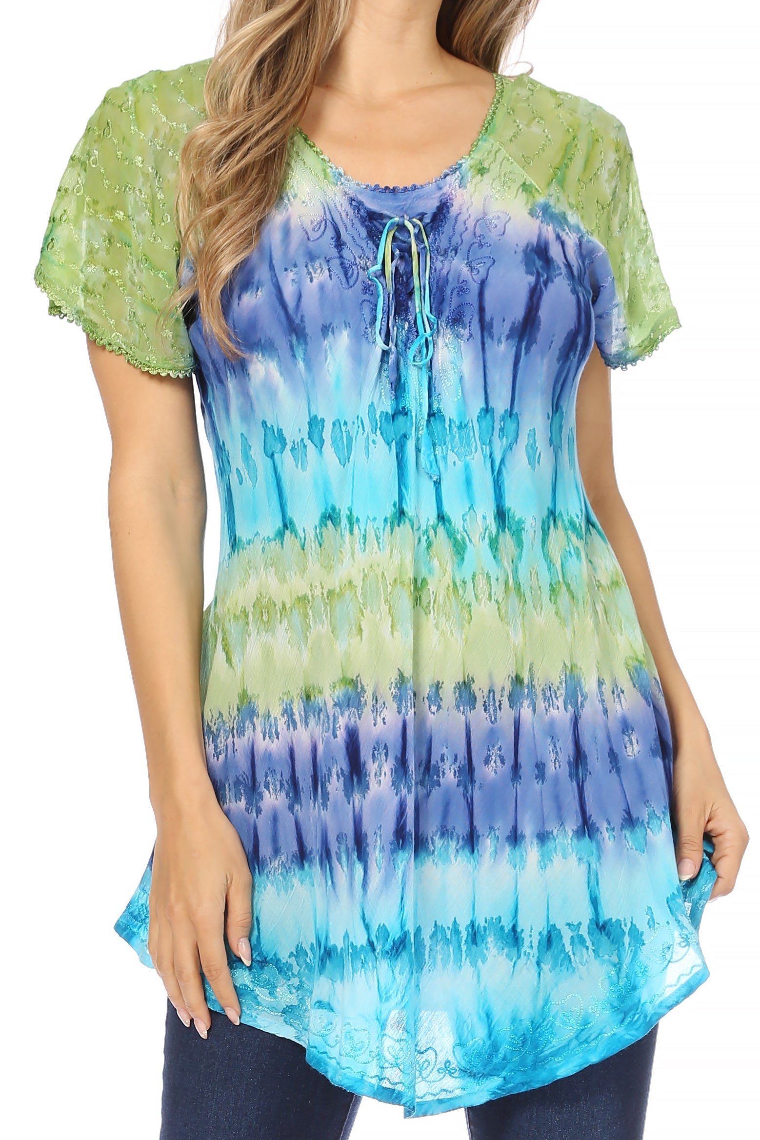 Tie-dye tunic with green, blue, and purple colors on a plain background