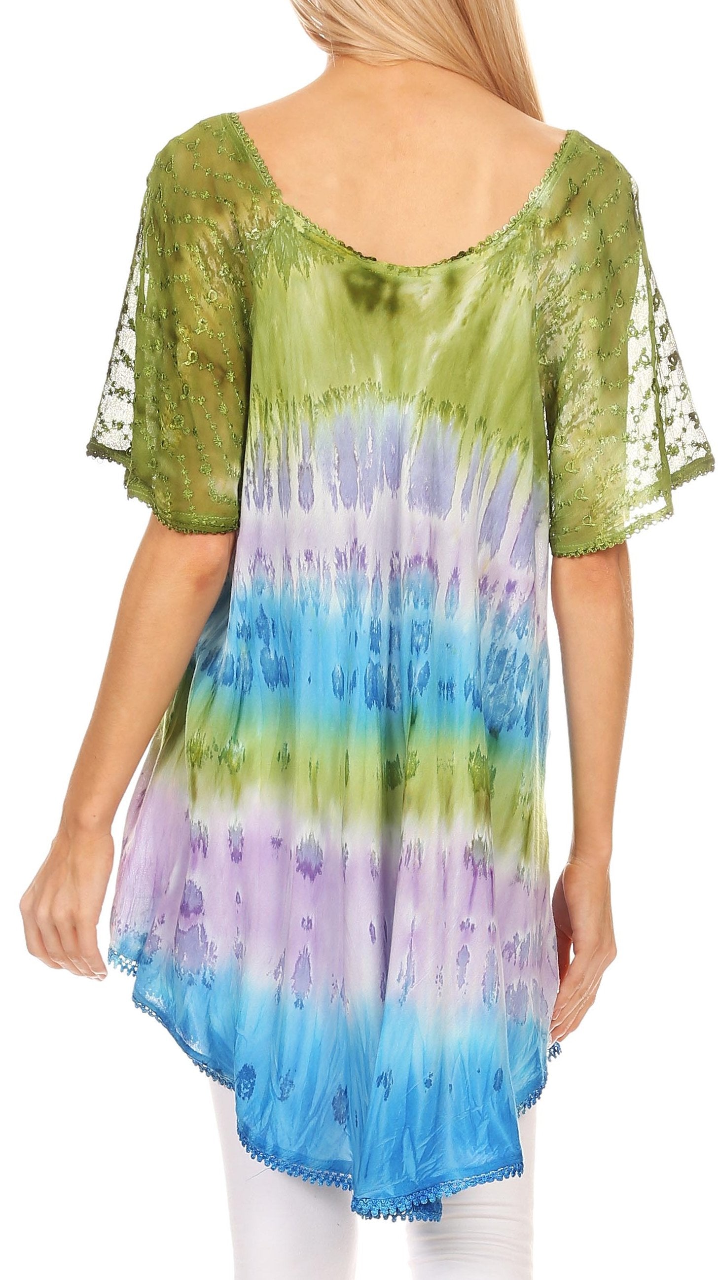 Woman wearing a tie-dye shirt with green, blue, and purple gradient on a white background