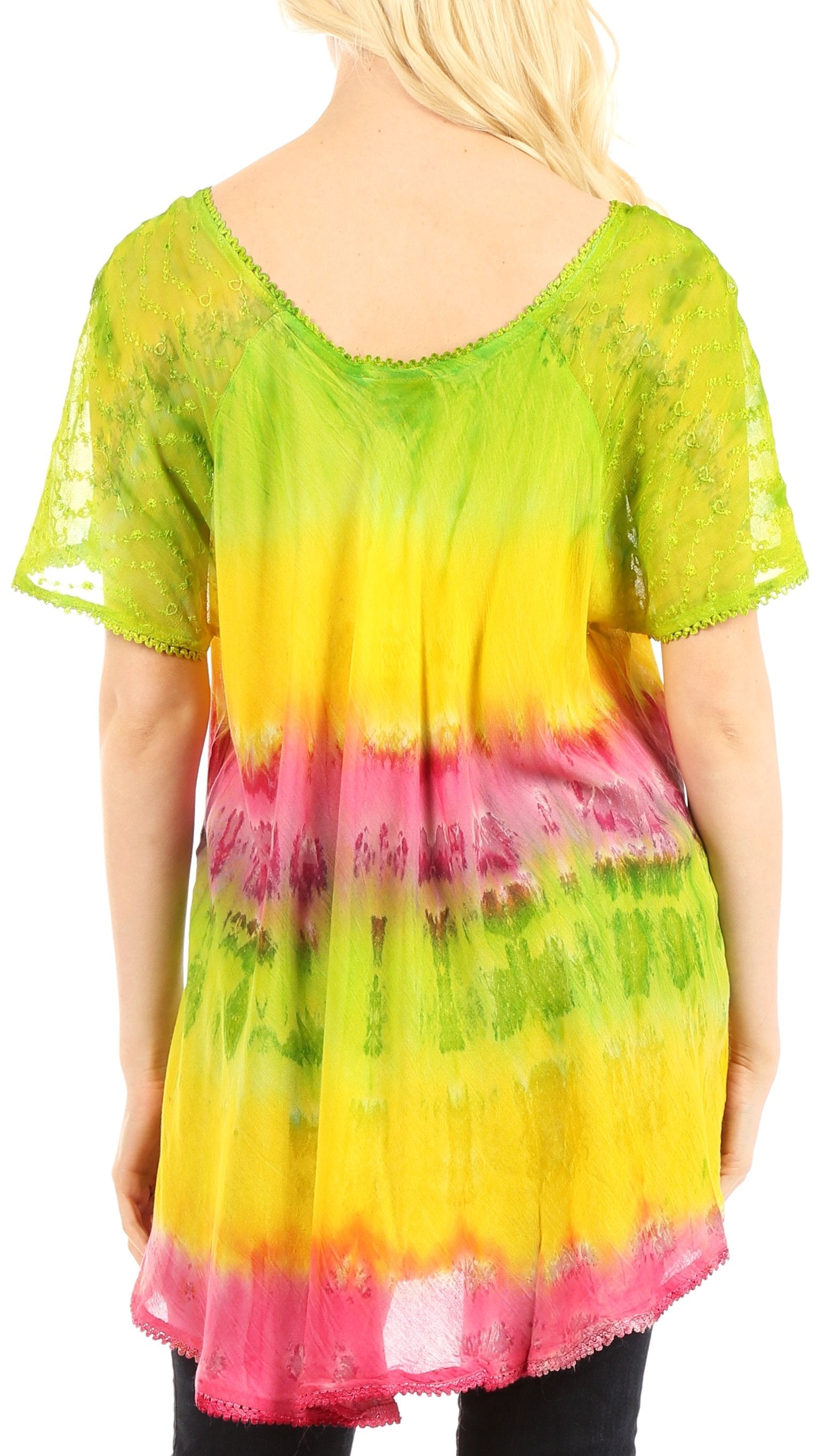 Colorful tie-dye shirt worn by a person on a white background