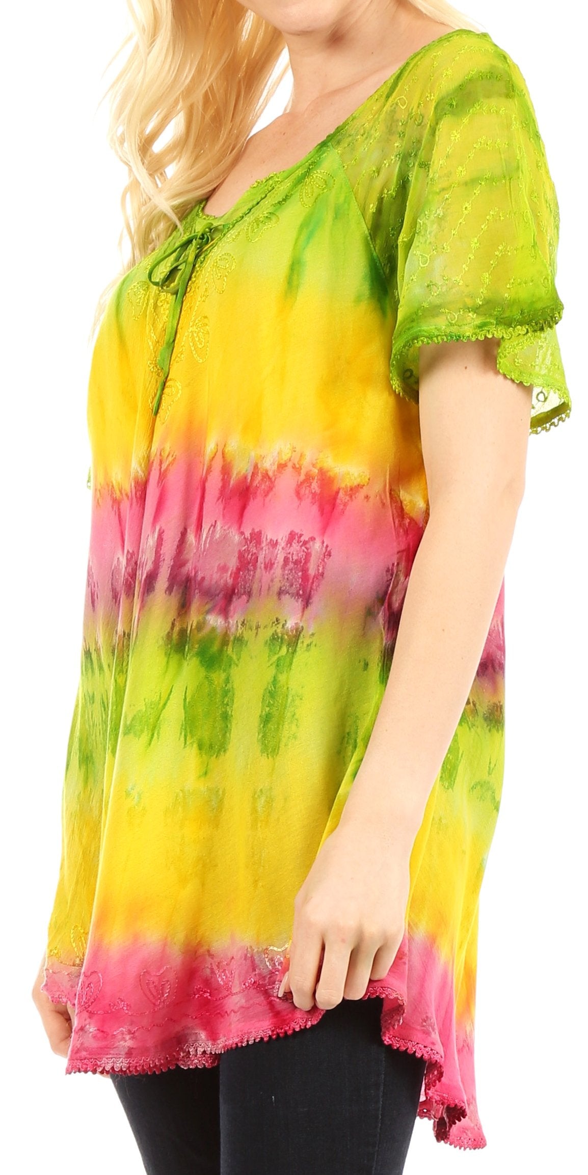 Colorful tie-dye shirt worn by a person on a white background