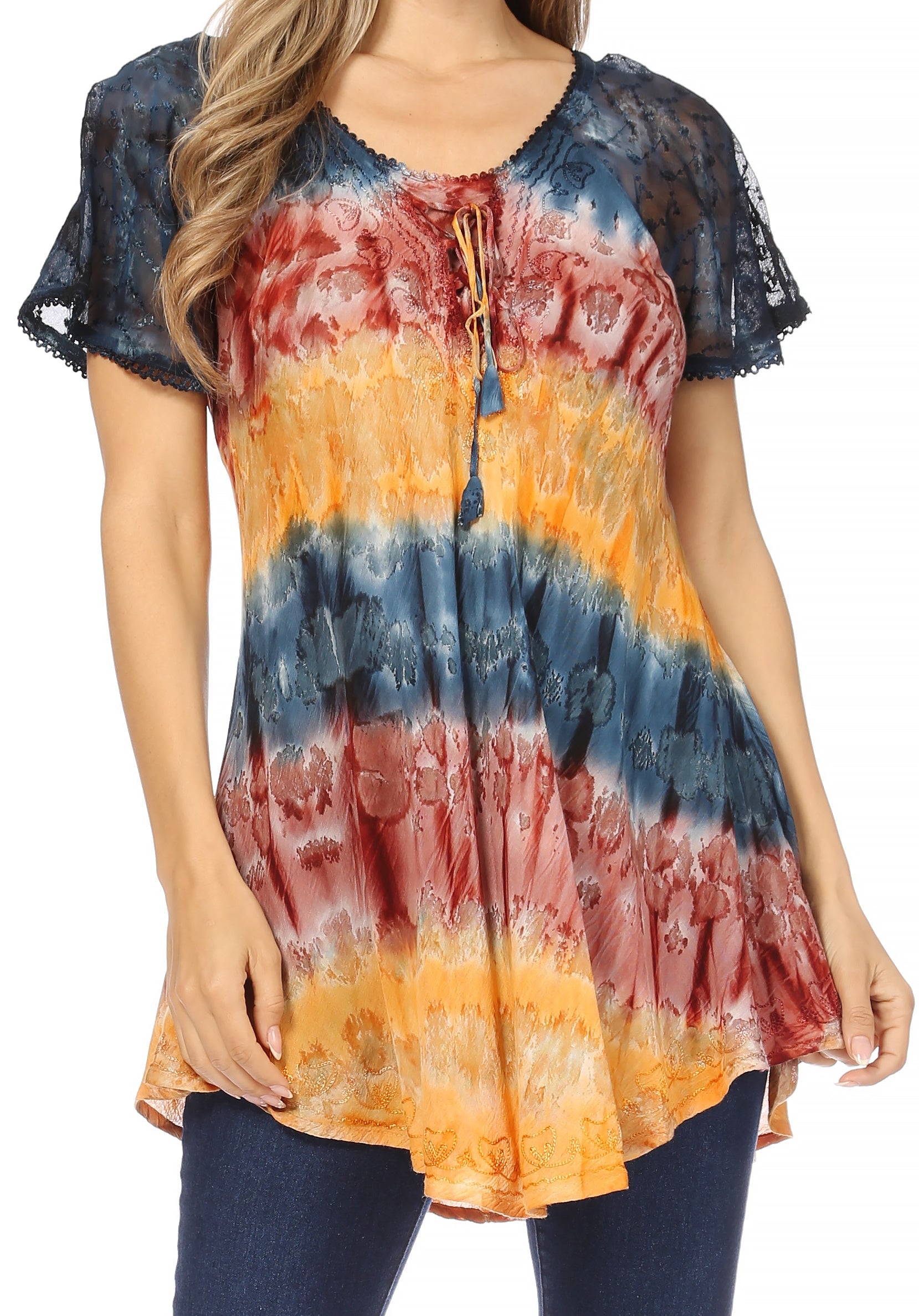 Tie-dye shirt with red, orange, and blue pattern on a white background