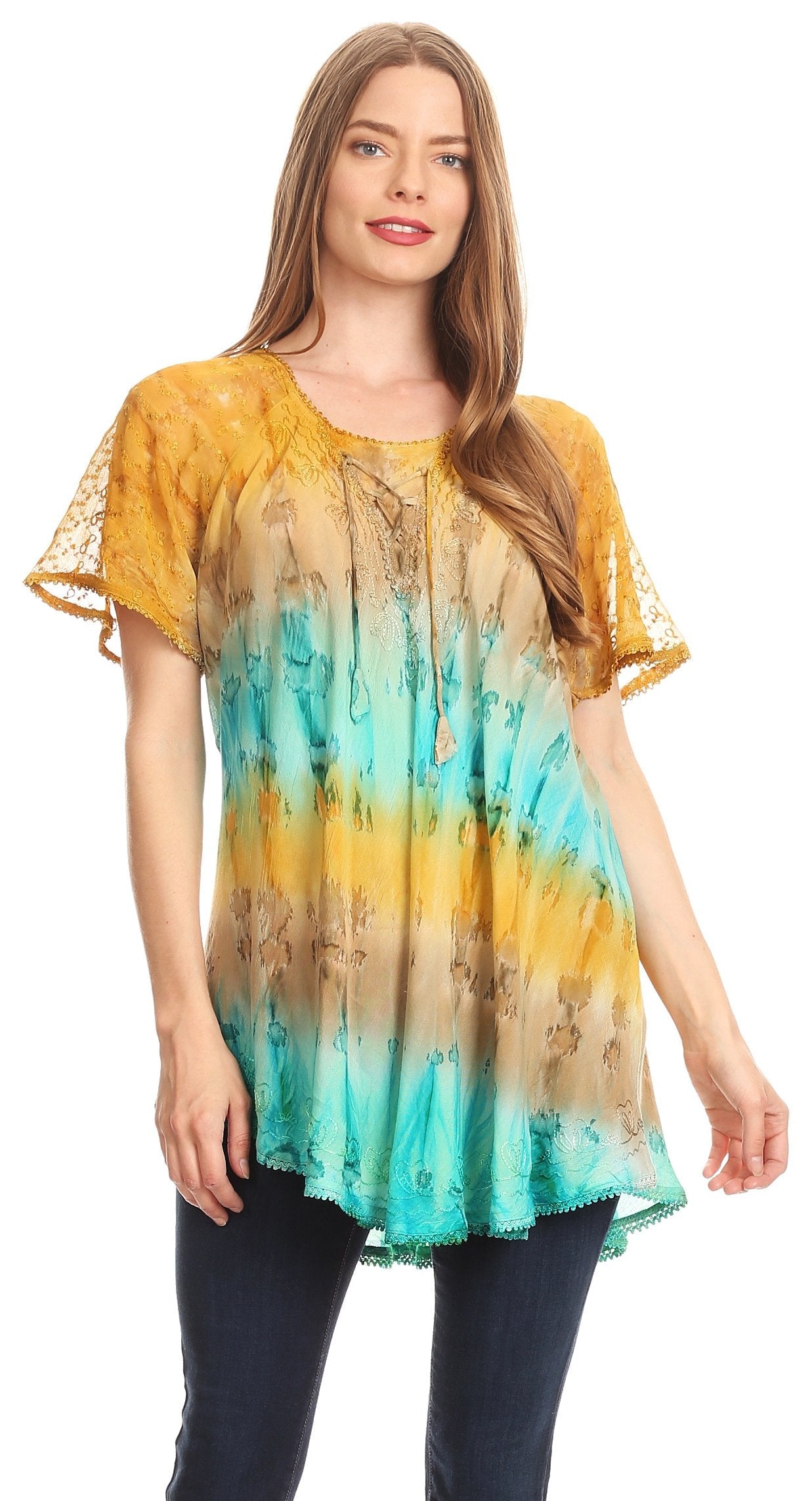 Woman wearing a tie-dye shirt with yellow and blue gradient on a white background