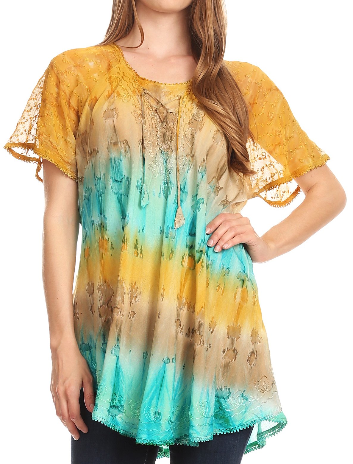 Woman wearing a colorful tie-dye top with lace sleeves on a white background