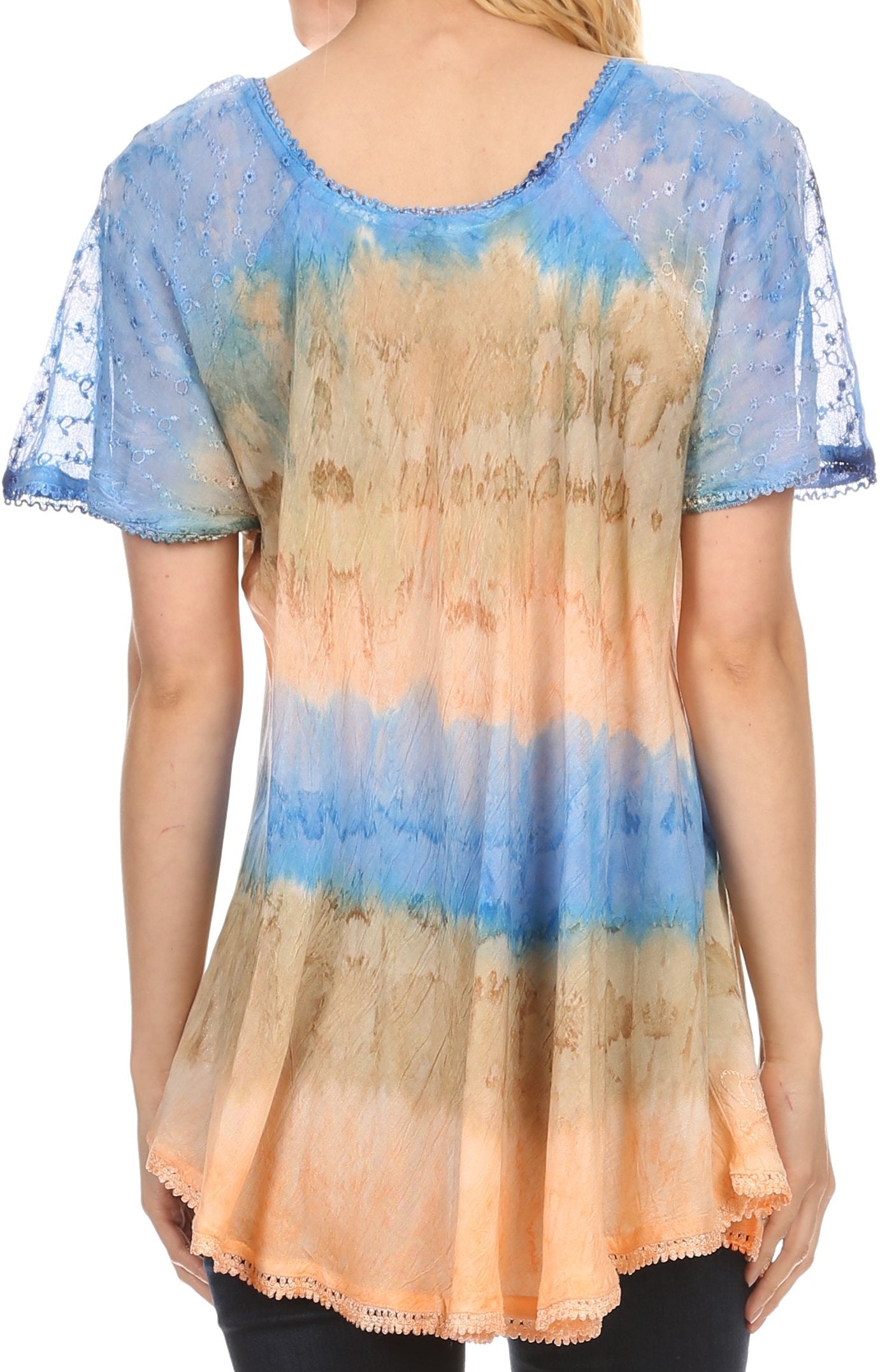Tie-dye shirt with blue and orange gradient on a plain background