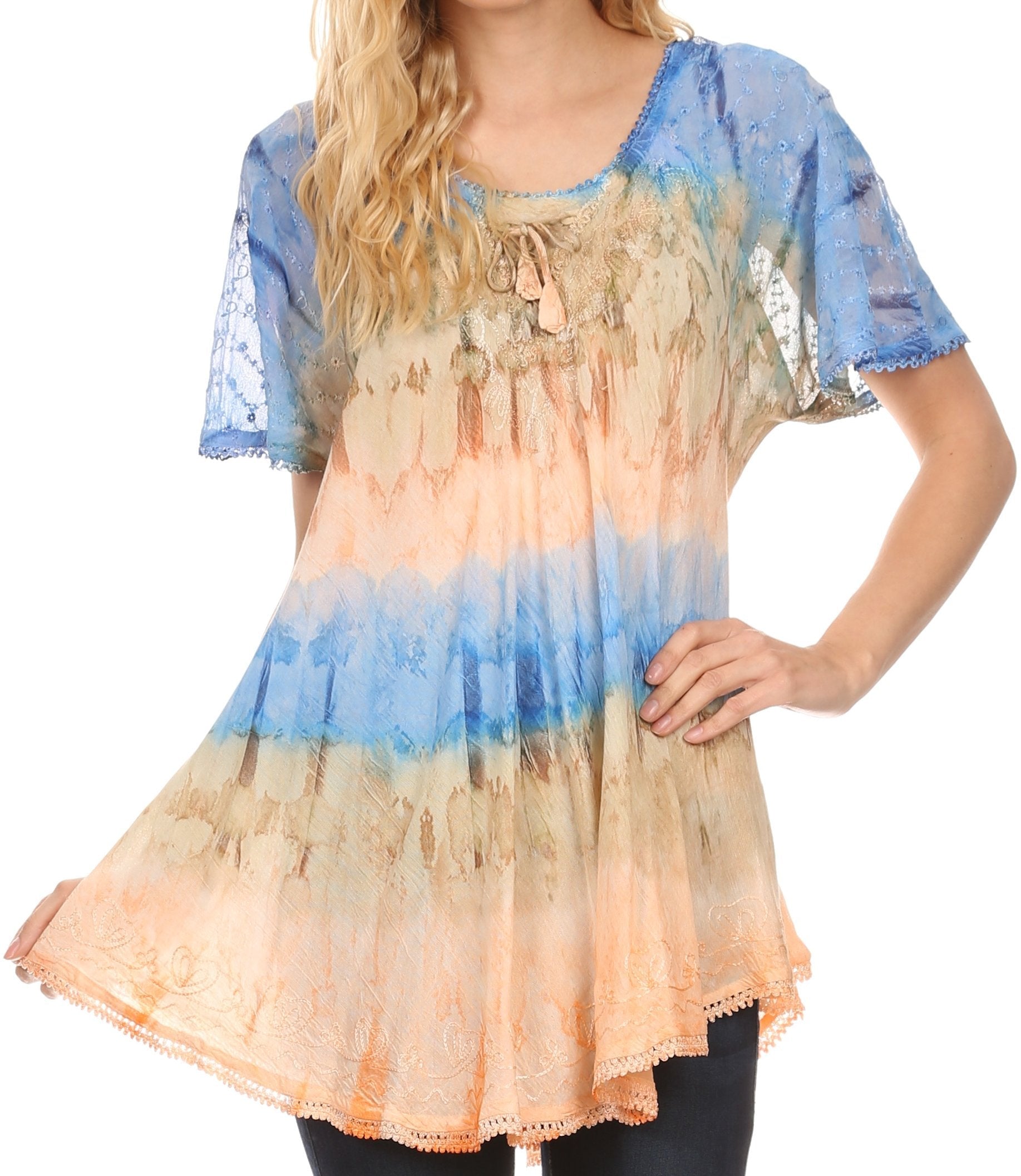 Woman wearing a tie-dye shirt with blue and orange gradient on a white background
