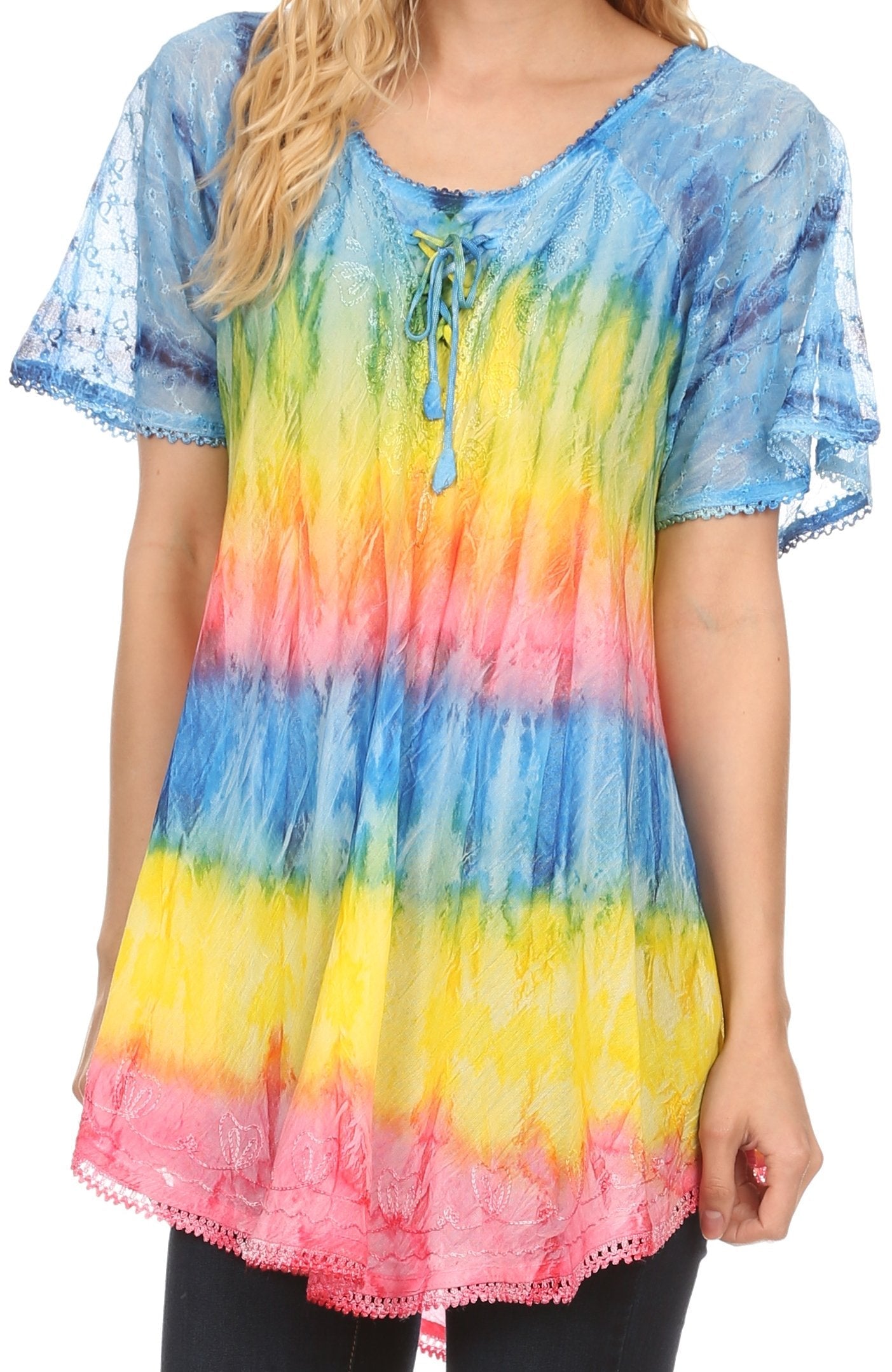 Colorful tie-dye top with a blue border worn by a person