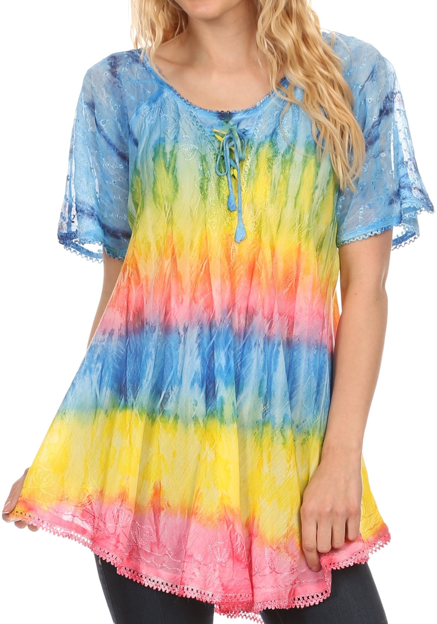 Woman wearing a colorful tie-dye shirt with blue sleeves on a white background