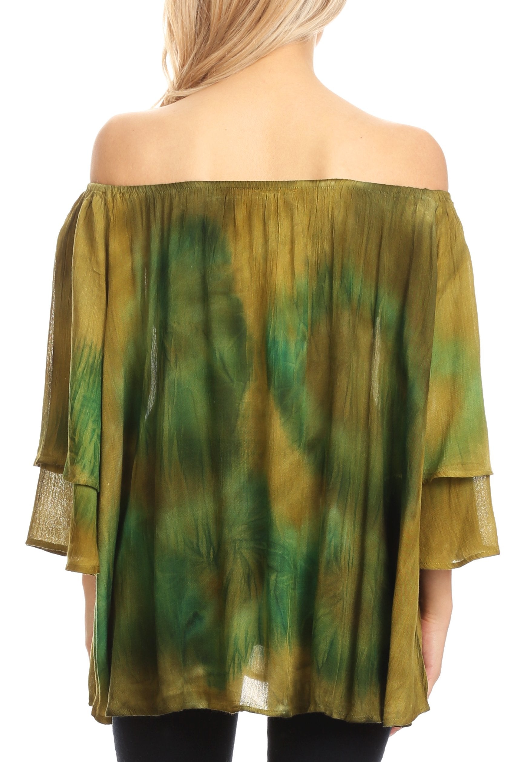 Green tie-dye off-shoulder top worn by a person on a white background