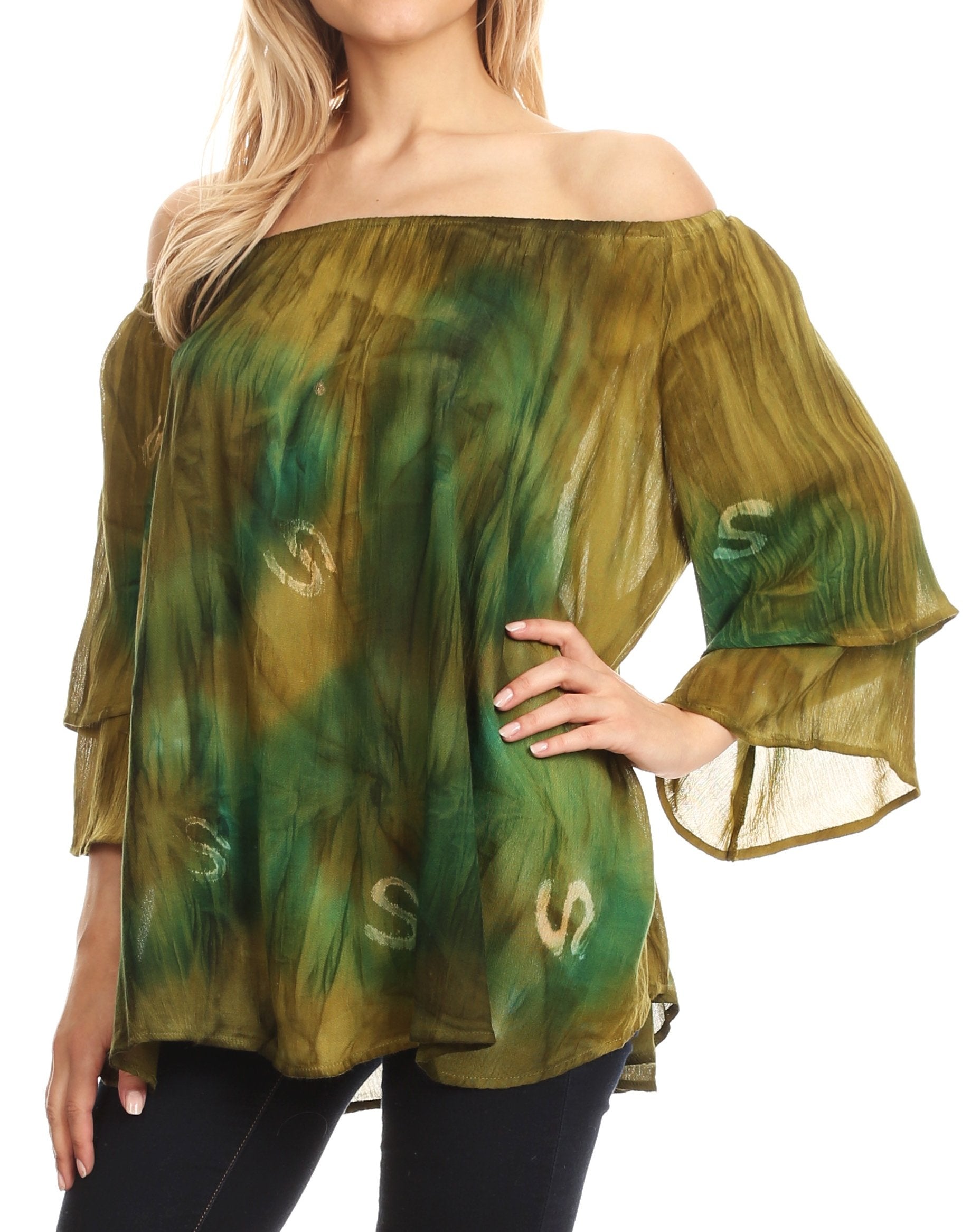 Green and brown off-shoulder blouse worn by a model on a white background