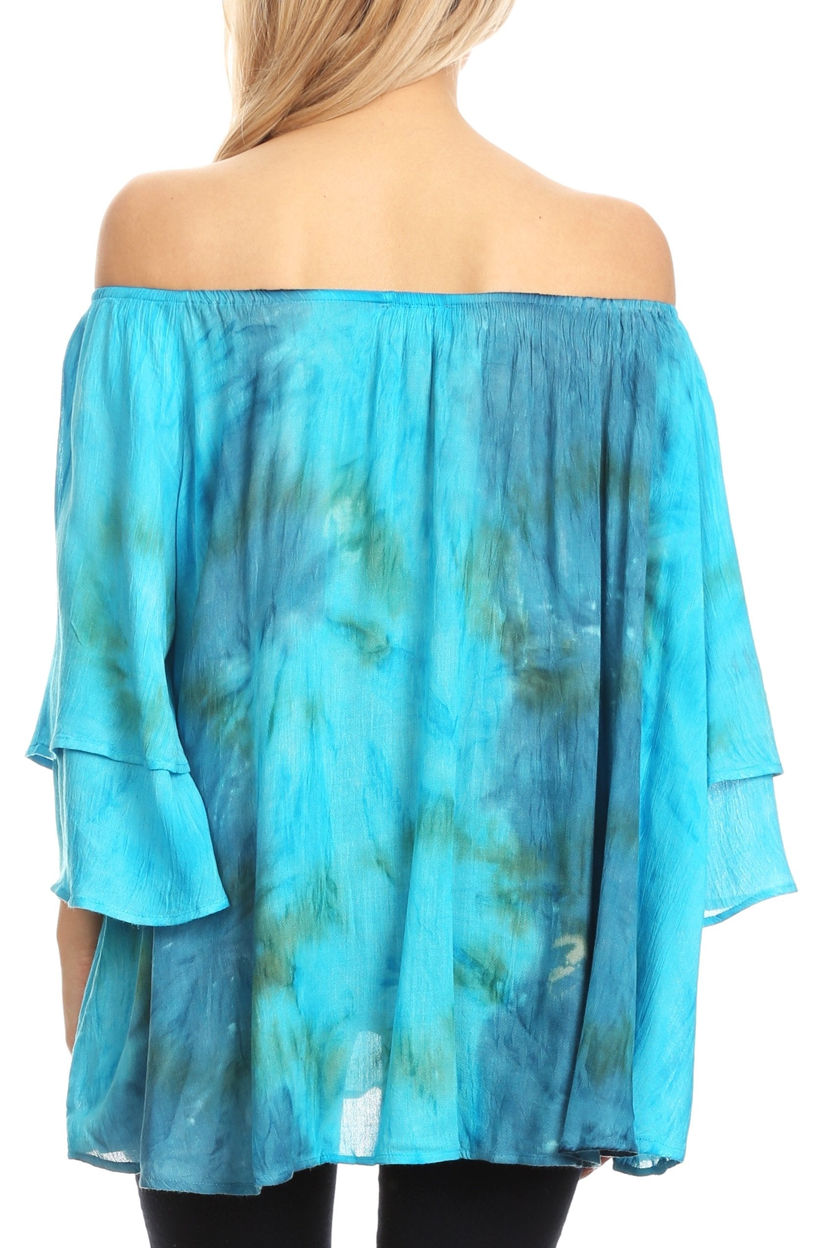 Turquoise off-shoulder top with tie-dye pattern on a white background