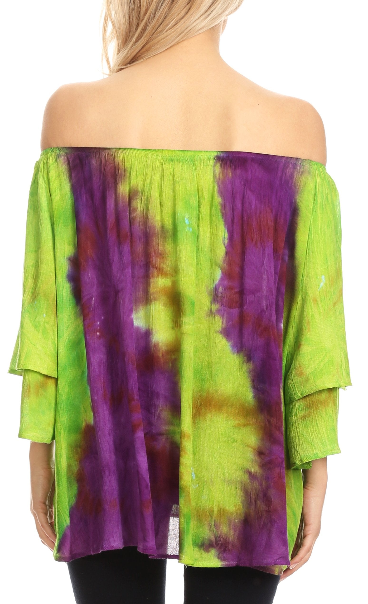 Tie-dye off-shoulder top in green and purple on a white background