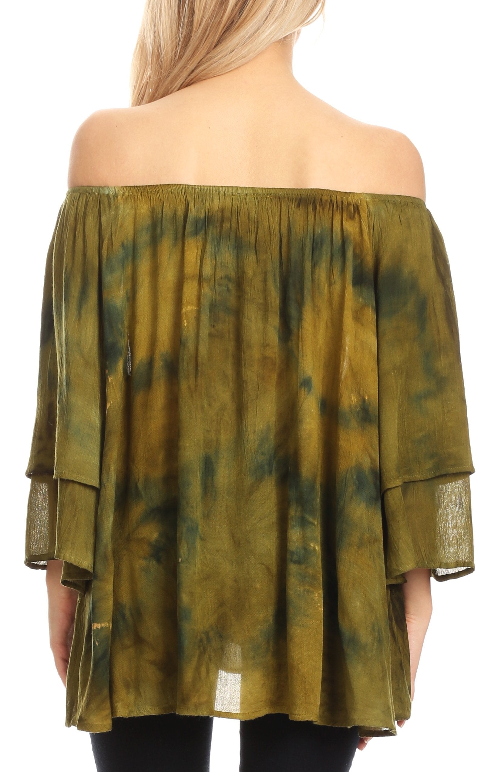 Green tie-dye off-shoulder top worn by a person on a white background