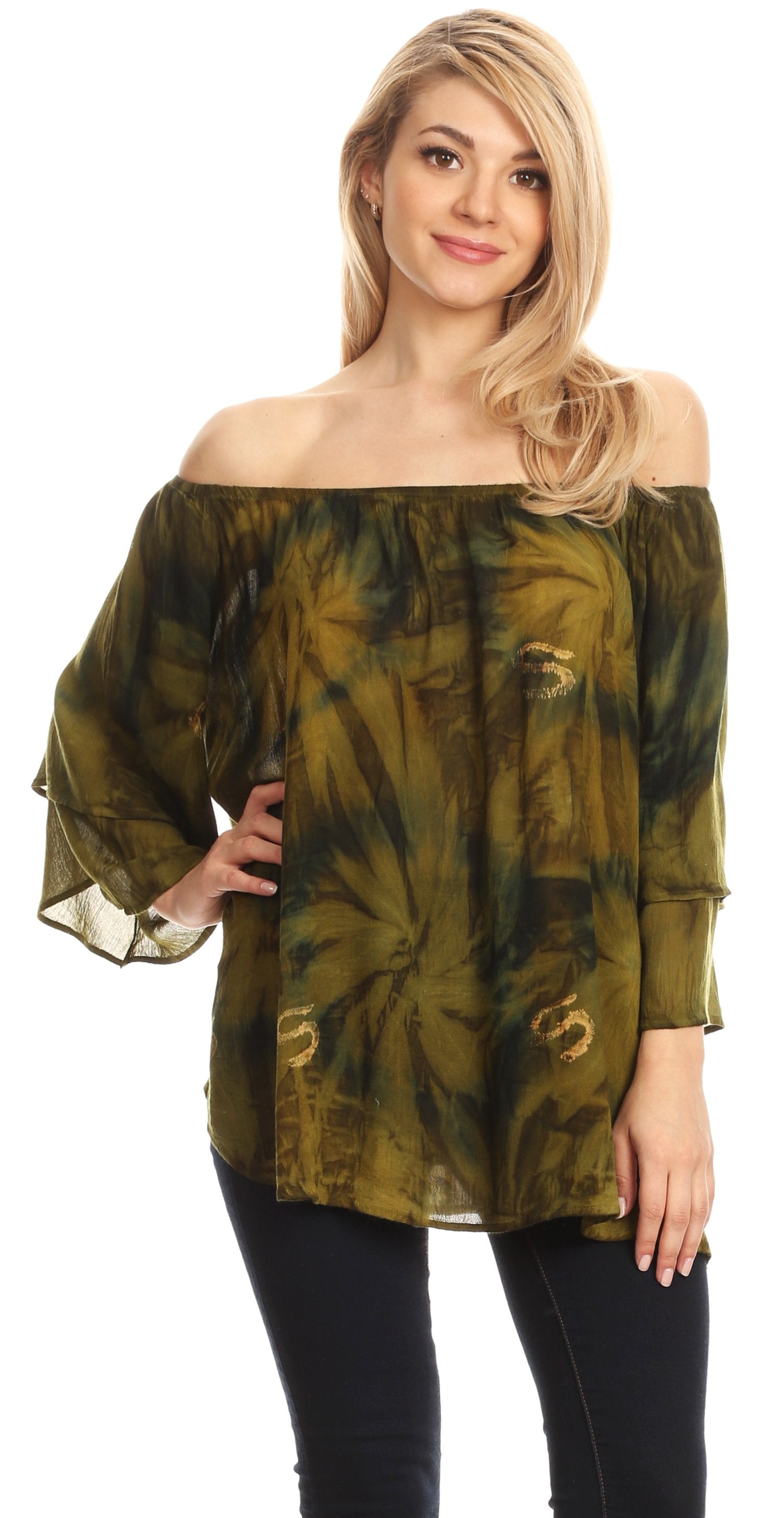 Woman wearing a green tie-dye off-shoulder top on a white background