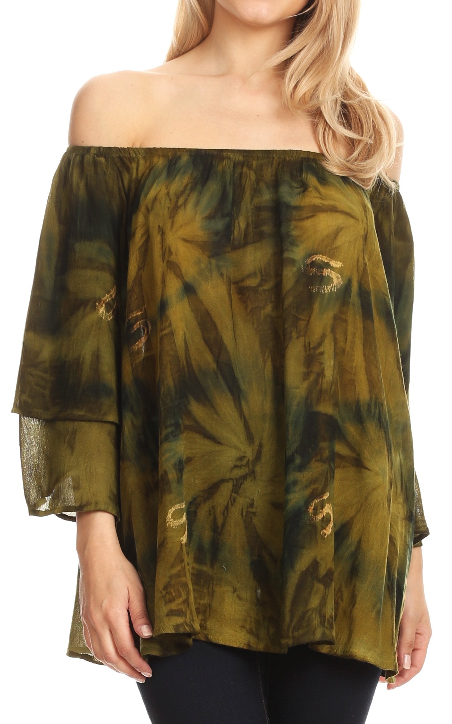 Woman wearing a green tie-dye off-shoulder top on a white background