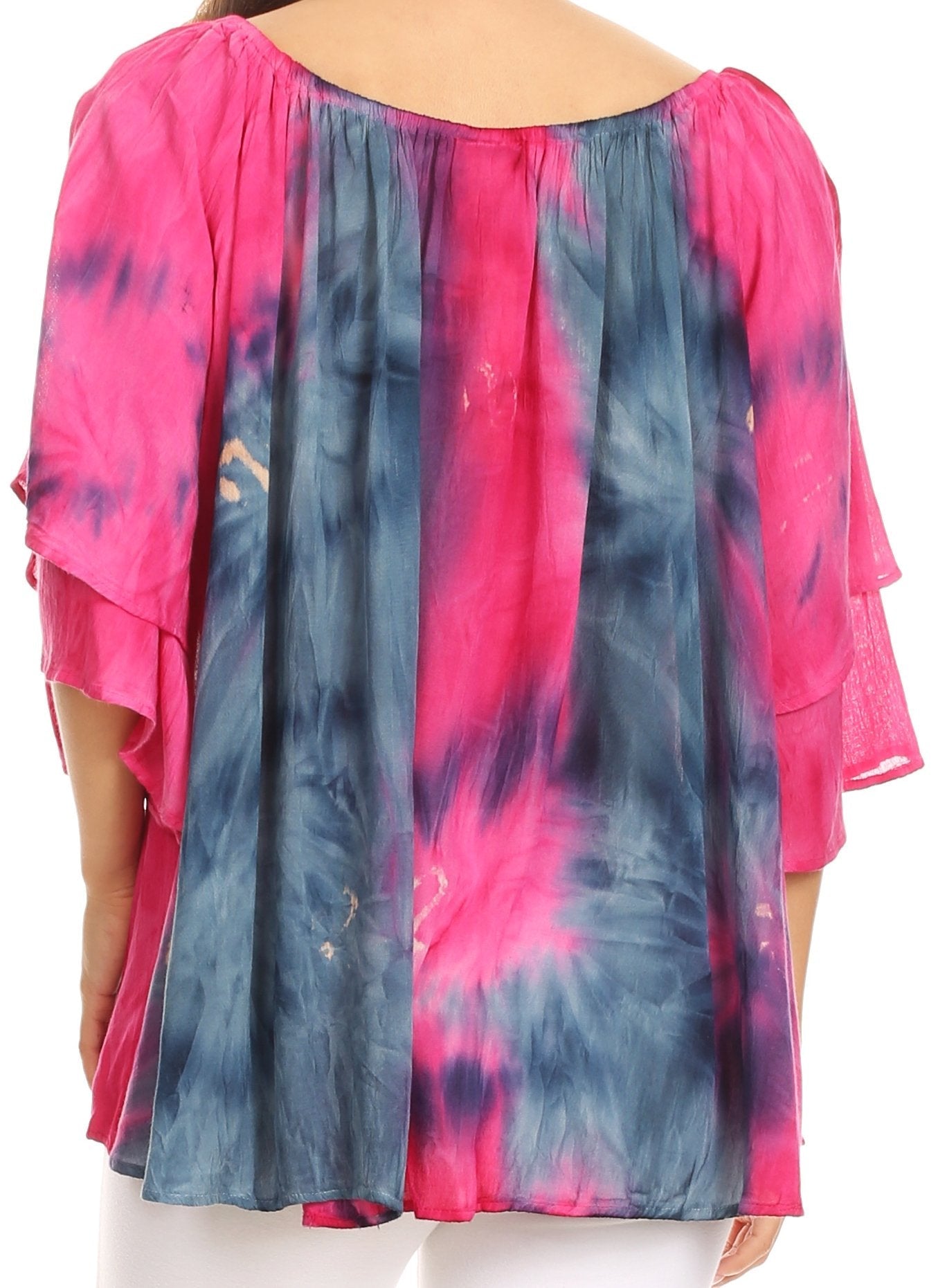 Tie-dye shirt with pink and blue pattern on a white background