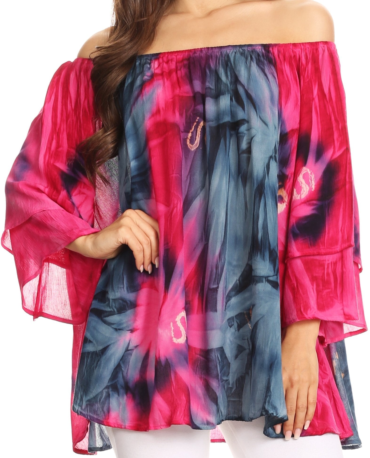 Pink and blue tie-dye off-shoulder top worn by a person on a white background