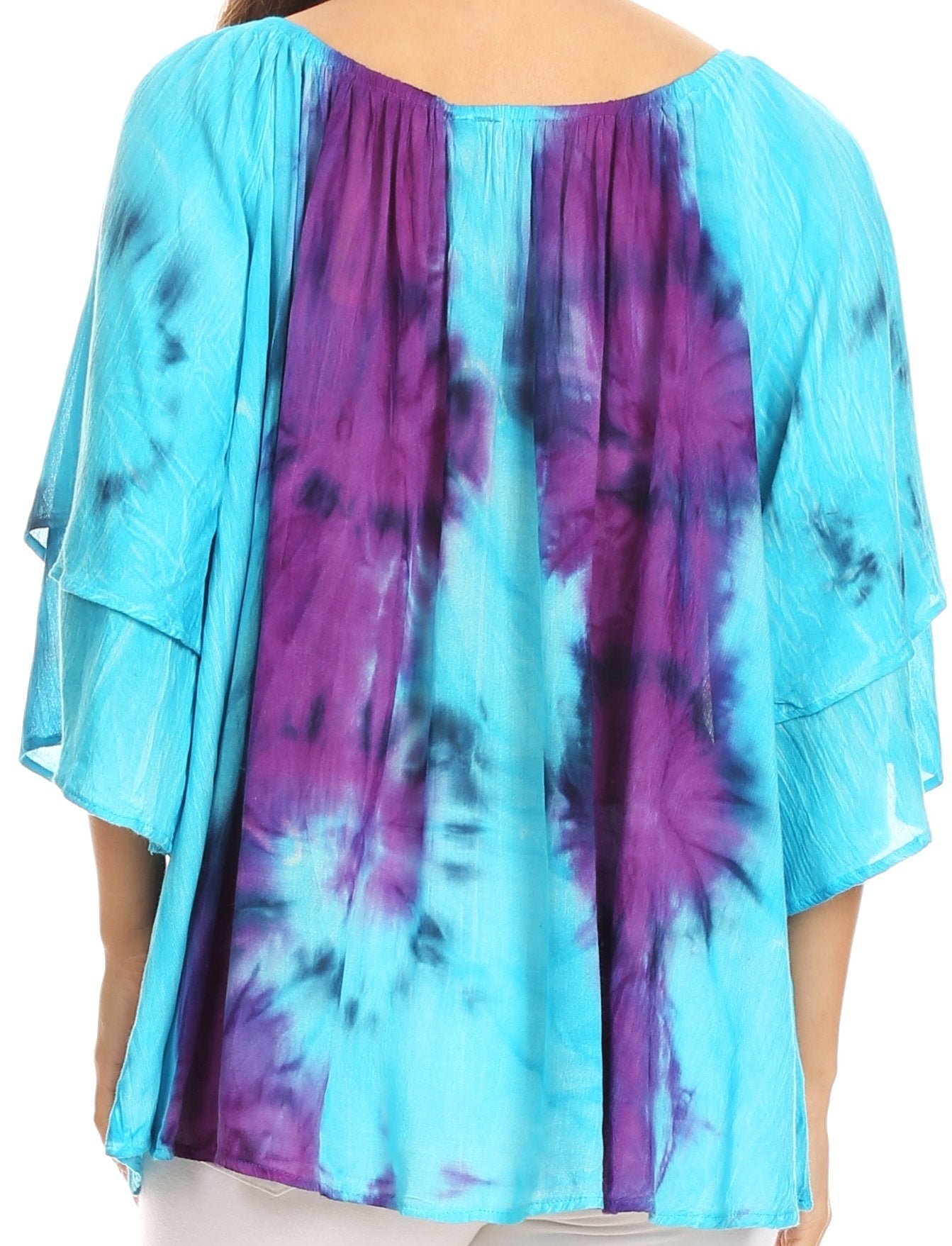 Tie-dye top with blue and purple pattern on a white background